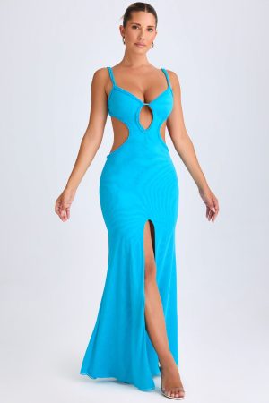 Ruffle-Appliqu?? Cut-Out Maxi Dress in Aqua Blue