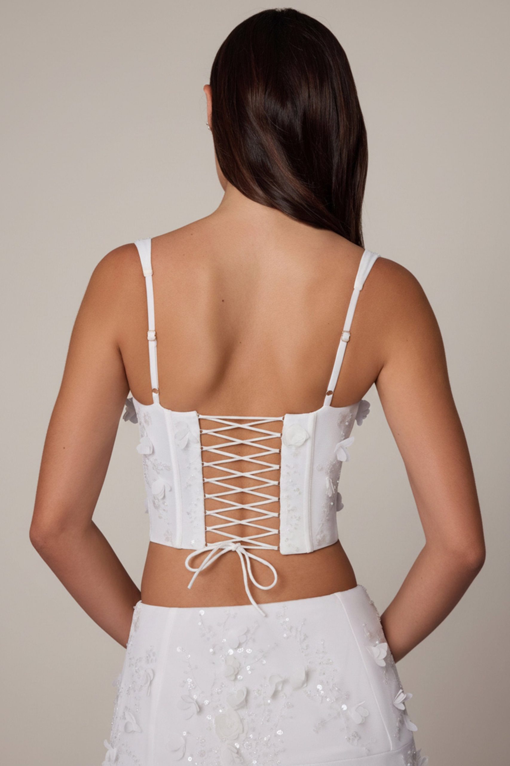 Embellished Lace-Up Corset Top in White - Image 5