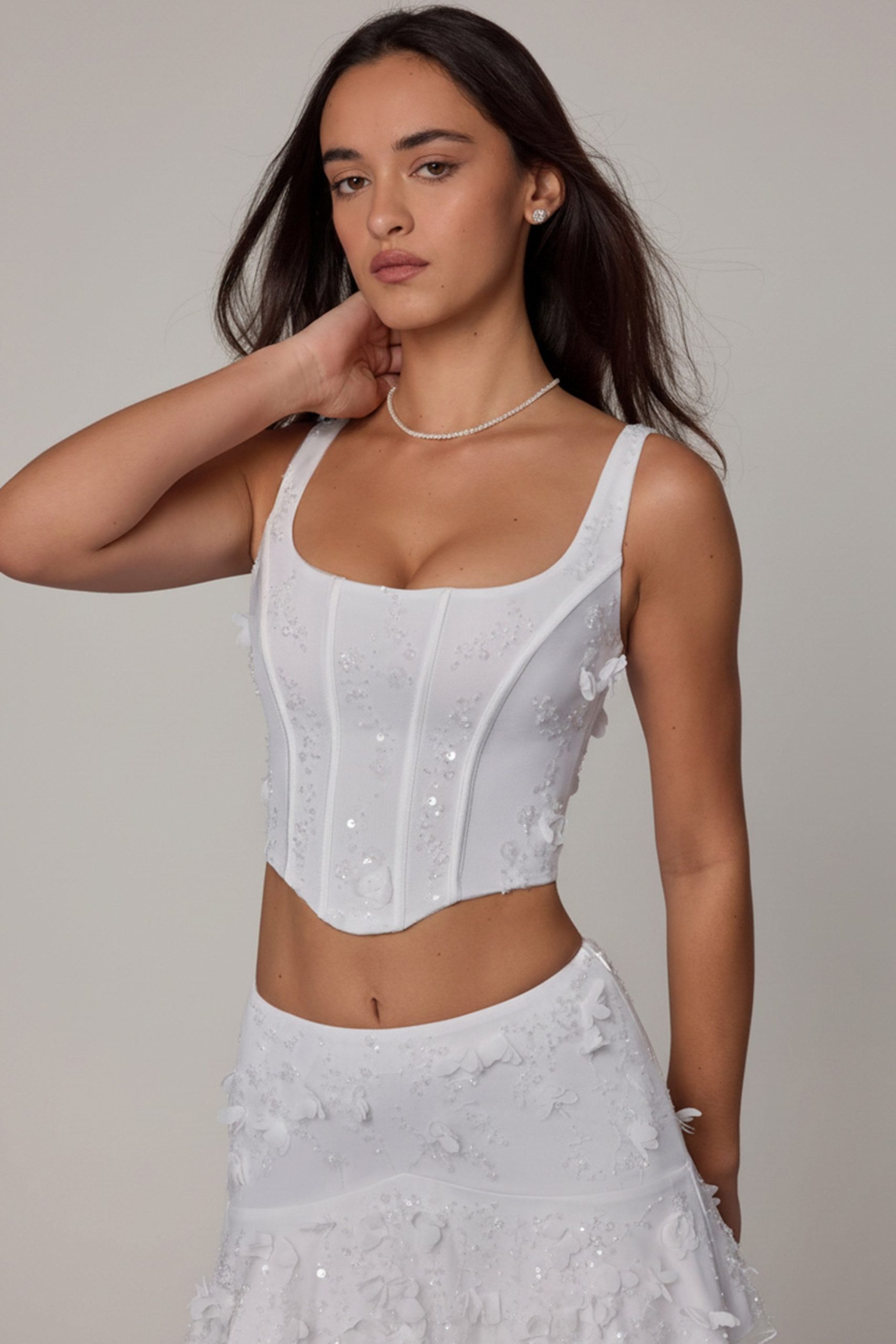 Embellished Lace-Up Corset Top in White - Image 4