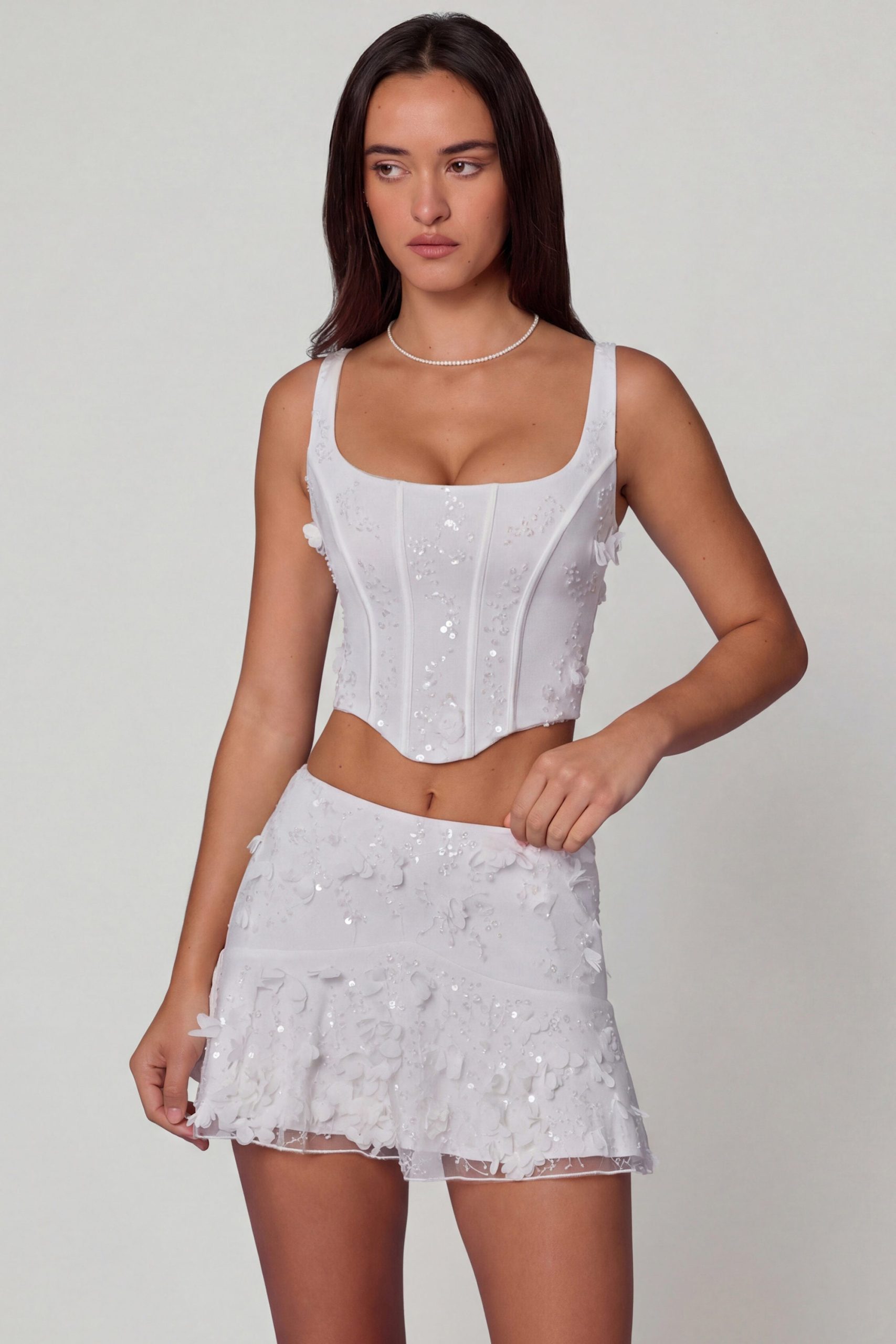 Embellished Lace-Up Corset Top in White - Image 7