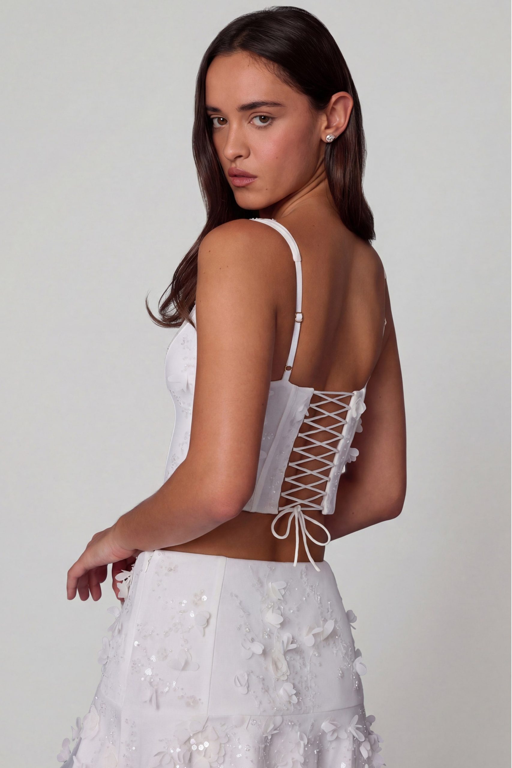 Embellished Lace-Up Corset Top in White - Image 2