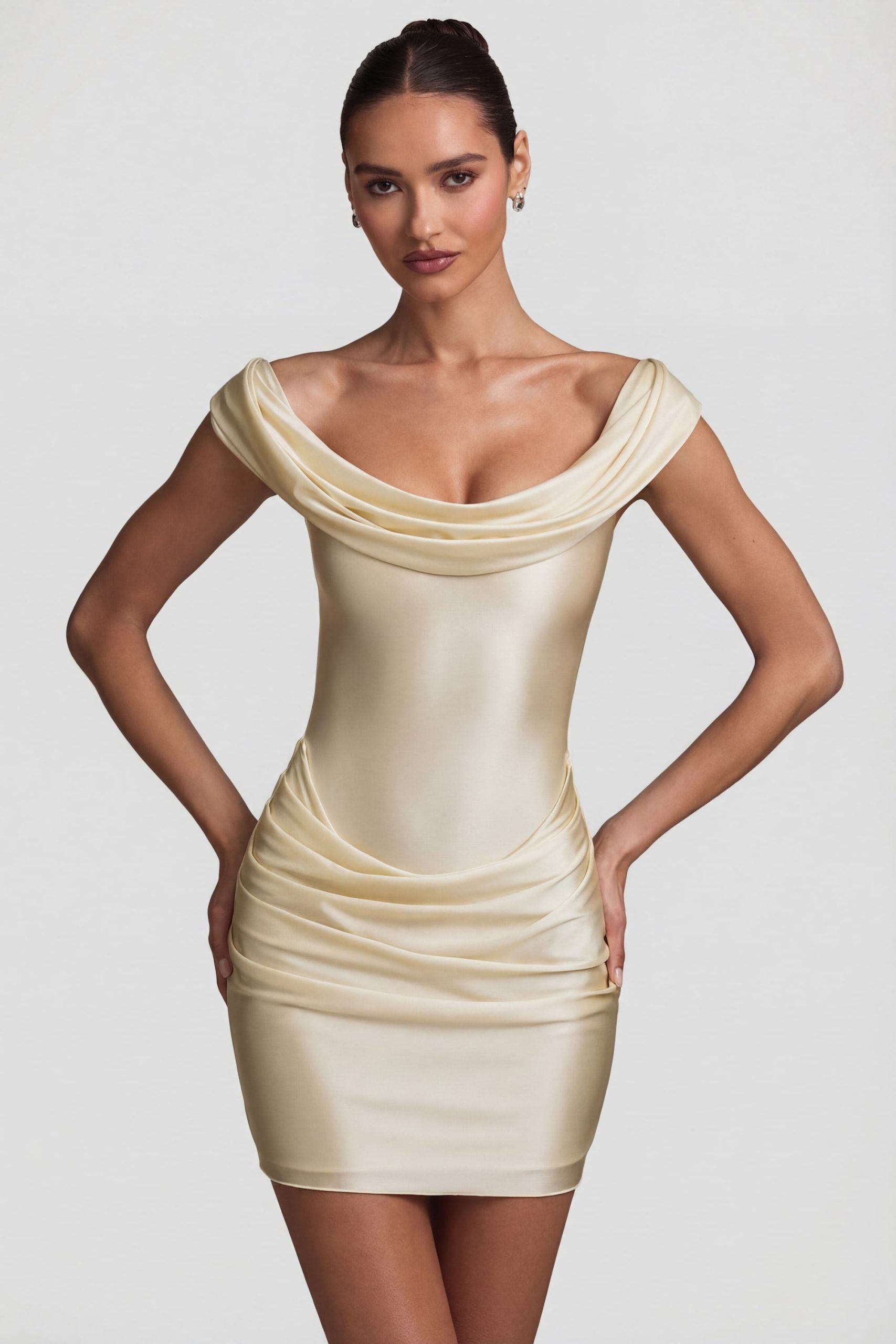Satin Off-Shoulder Draped Mini Dress in Ivory - Image 7