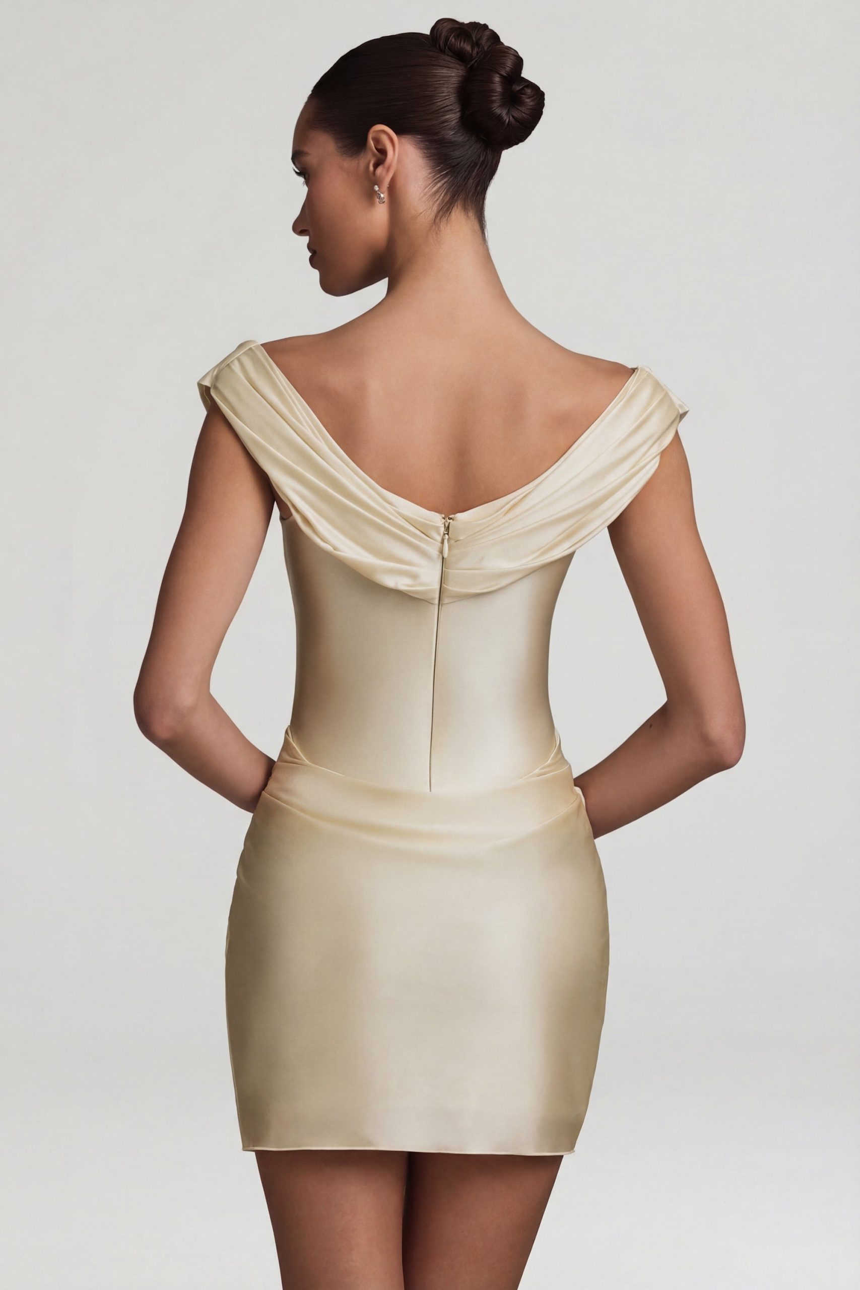 Satin Off-Shoulder Draped Mini Dress in Ivory - Image 6