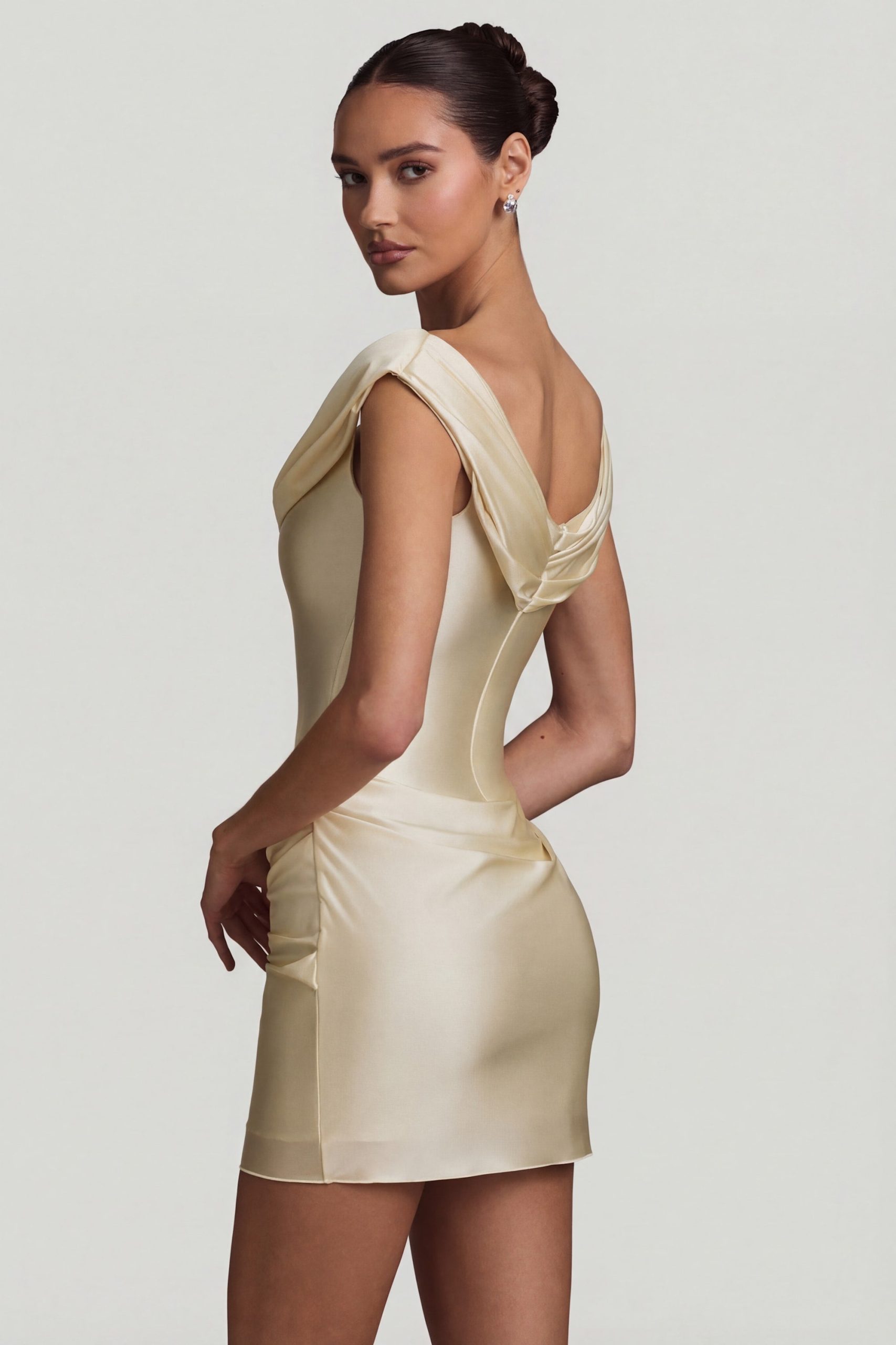 Satin Off-Shoulder Draped Mini Dress in Ivory - Image 2
