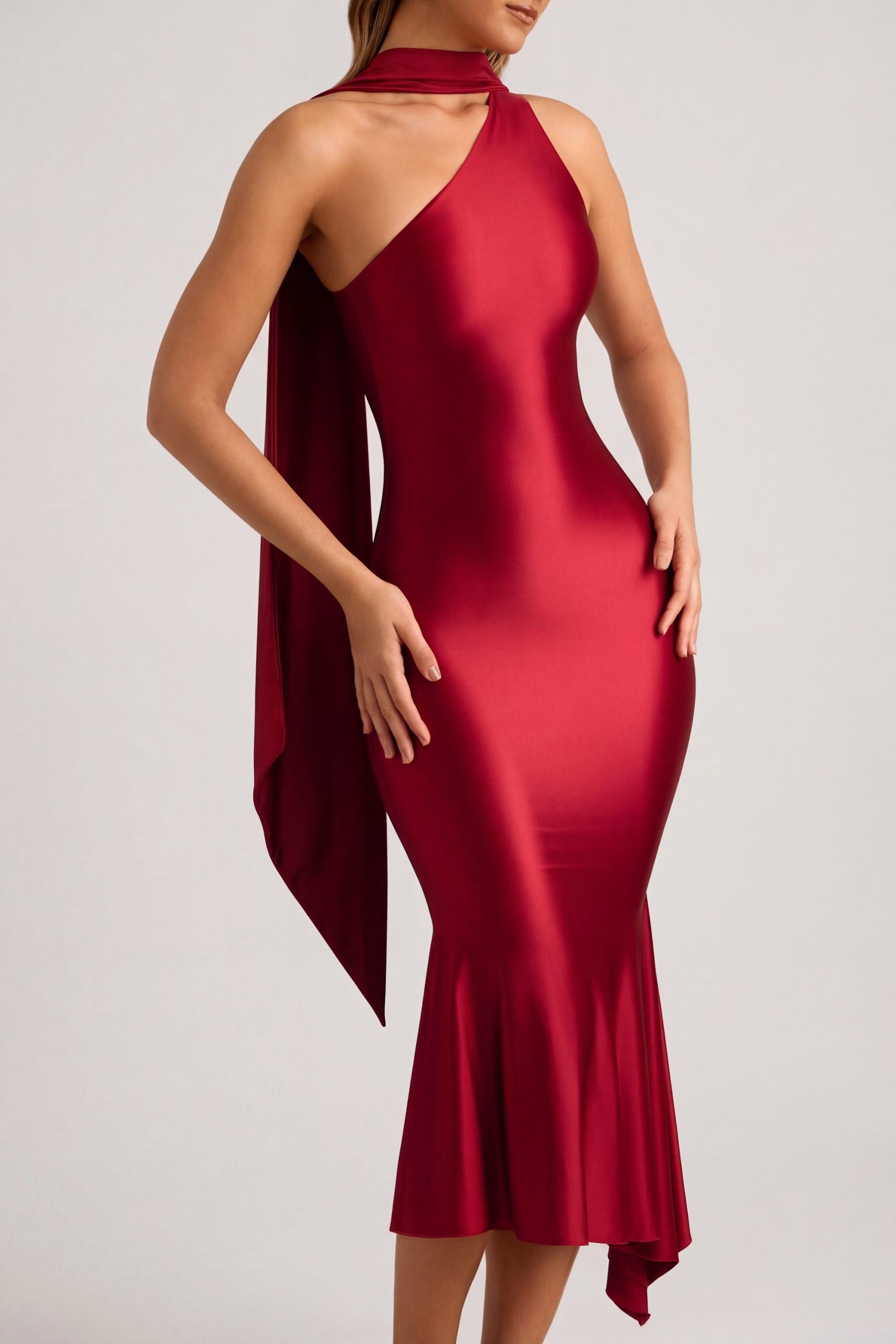 Asymmetric Scarf-Detail Midaxi Dress in True Red - Image 5
