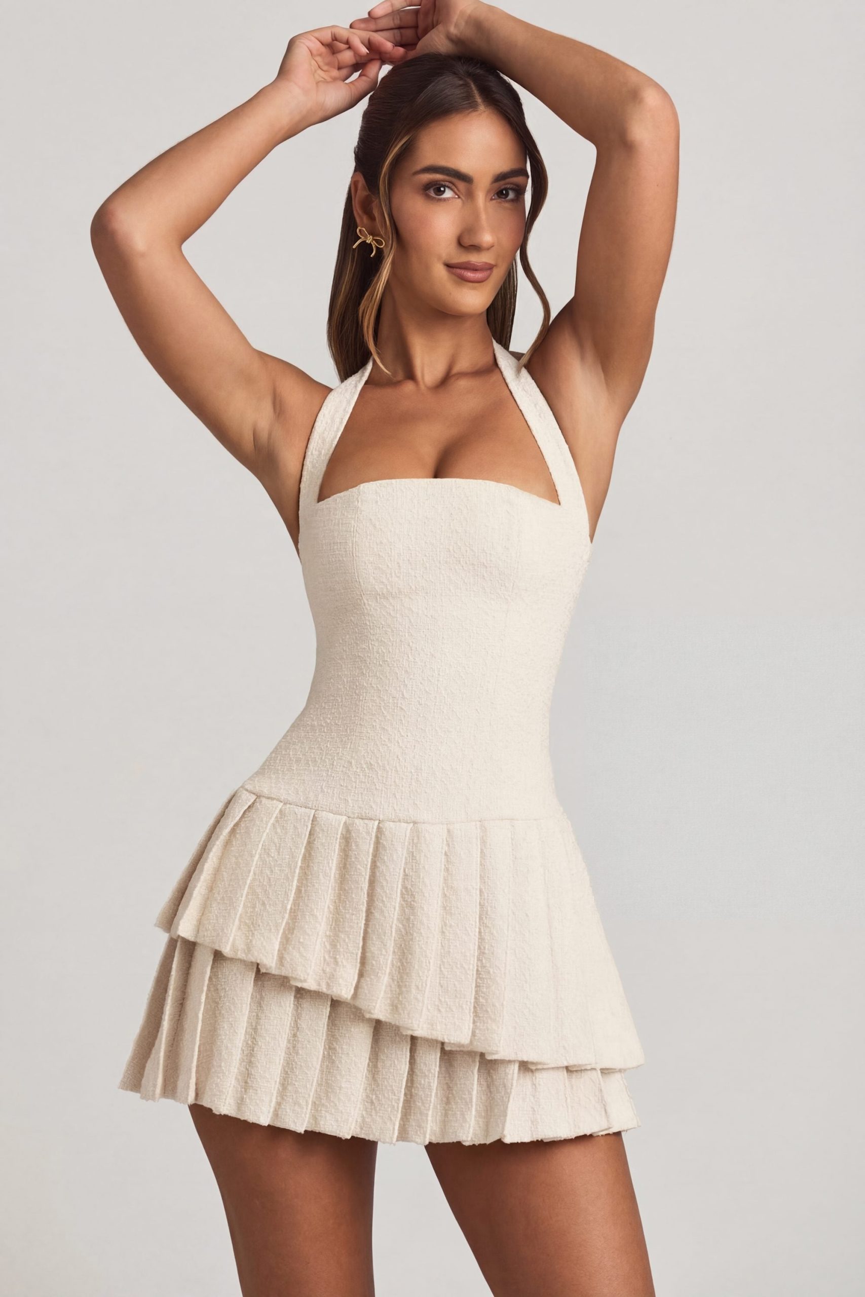 Asymmetric Layered Halterneck Mini Dress in Ivory - Image 6