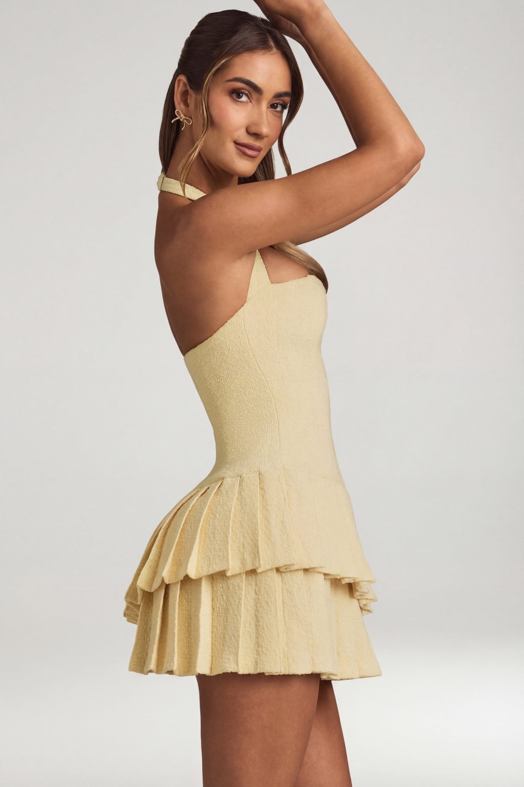 Asymmetric Layered Halterneck Mini Dress in Pastel Yellow - Image 3