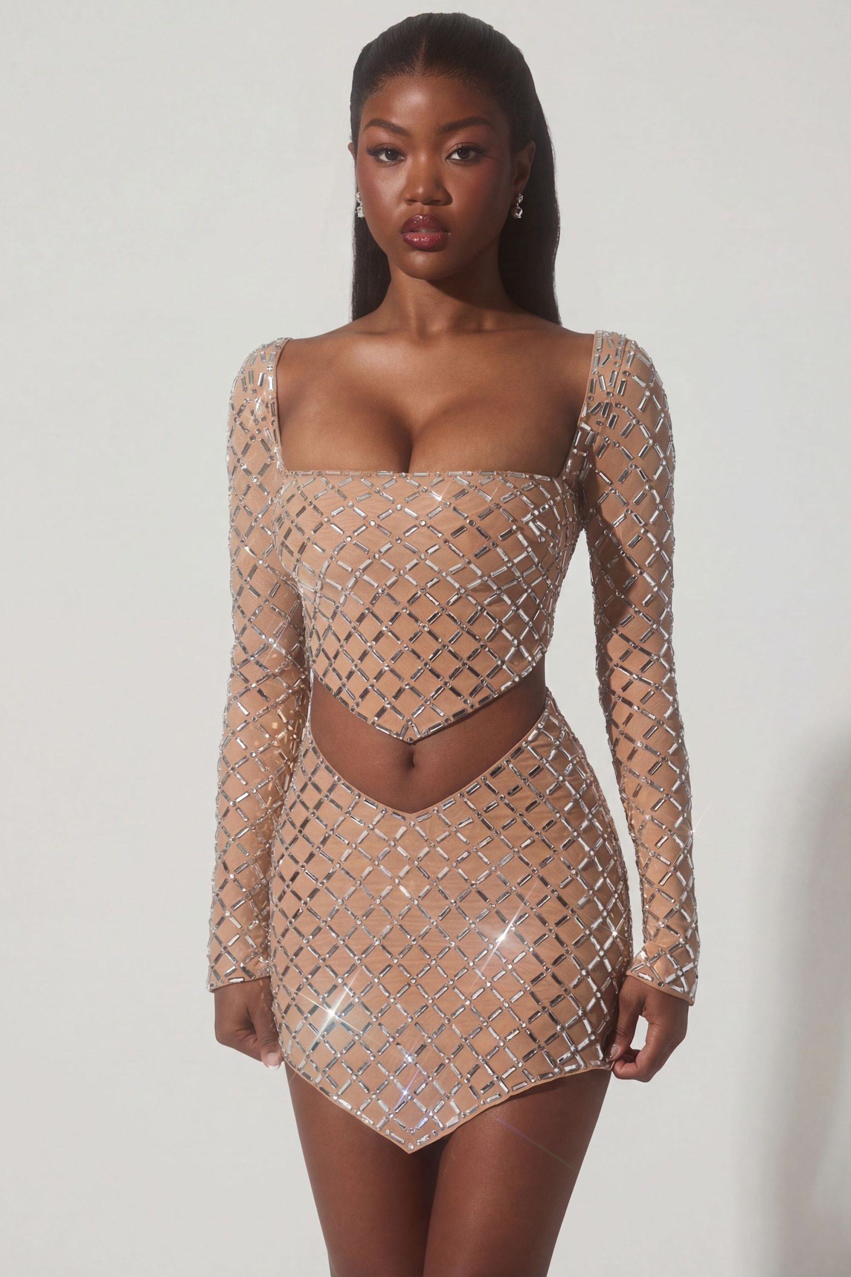 Embellished Asymmetric Crop Top in Almond - Image 7