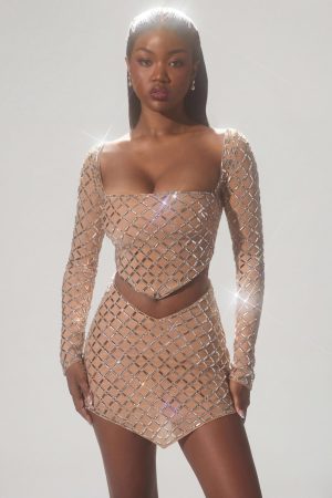 Embellished Asymmetric Crop Top in Almond