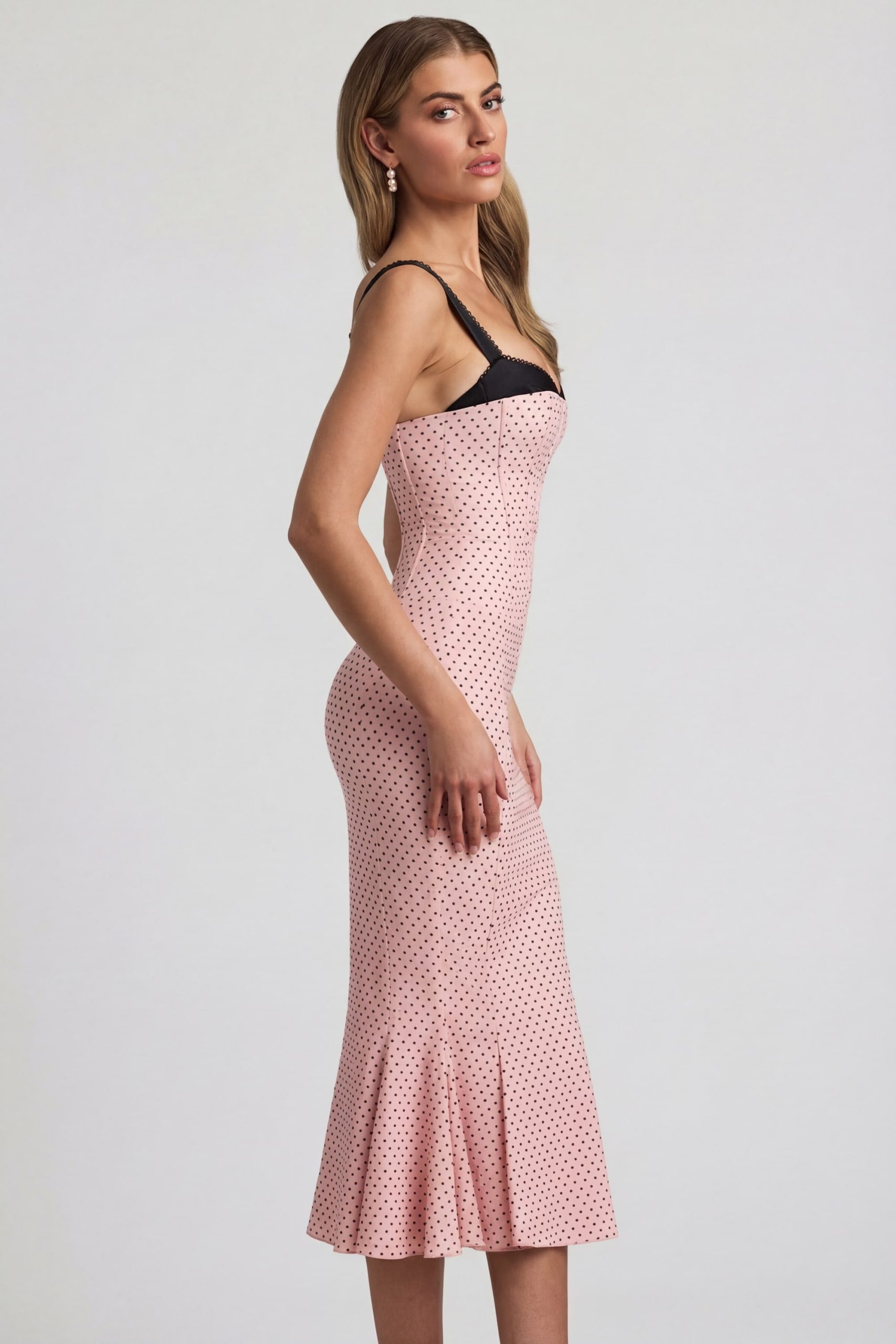 Layered Bra-Detail Fishtail Midaxi Dress in Pink Polka Dot - Image 3