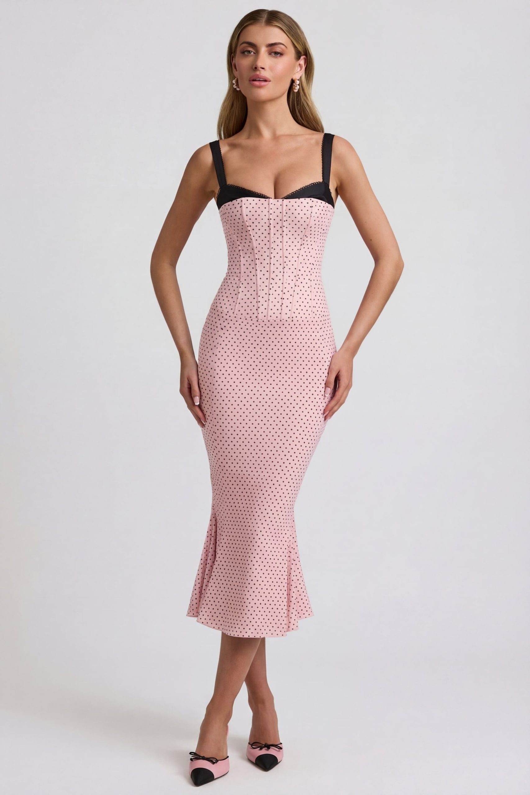 Layered Bra-Detail Fishtail Midaxi Dress in Pink Polka Dot - Image 7