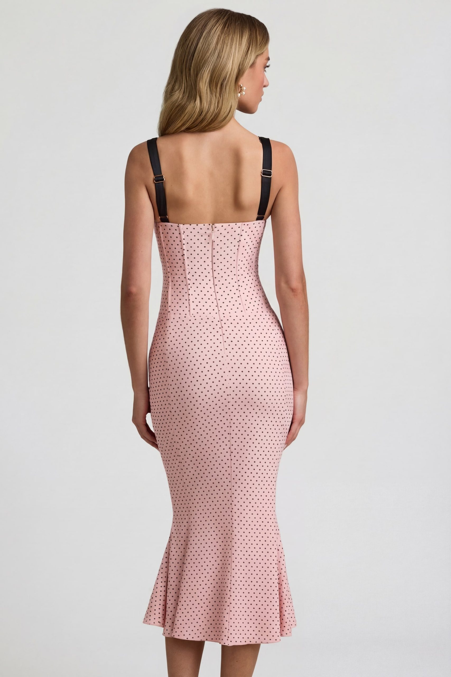 Layered Bra-Detail Fishtail Midaxi Dress in Pink Polka Dot - Image 2