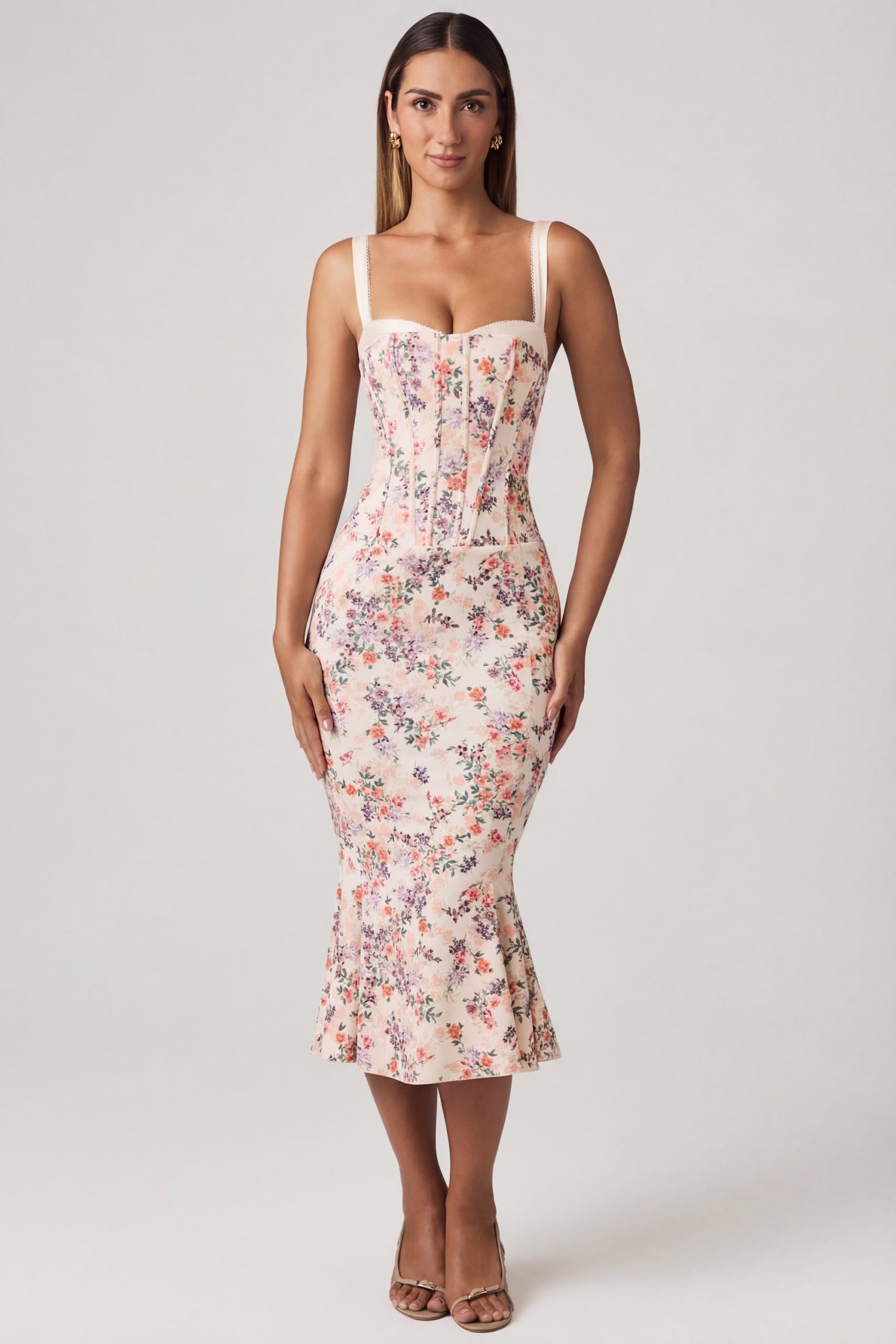 Layered Bra-Detail Fishtail Midaxi Dress in Primrose Floral Print - Image 6