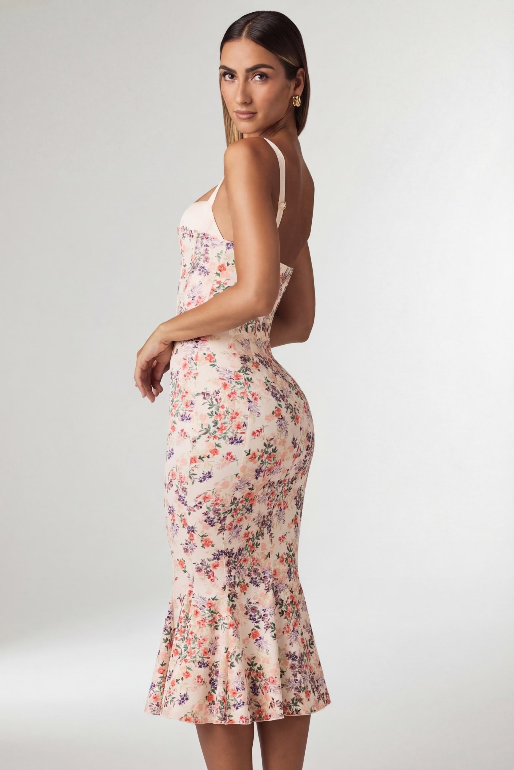 Layered Bra-Detail Fishtail Midaxi Dress in Primrose Floral Print - Image 2