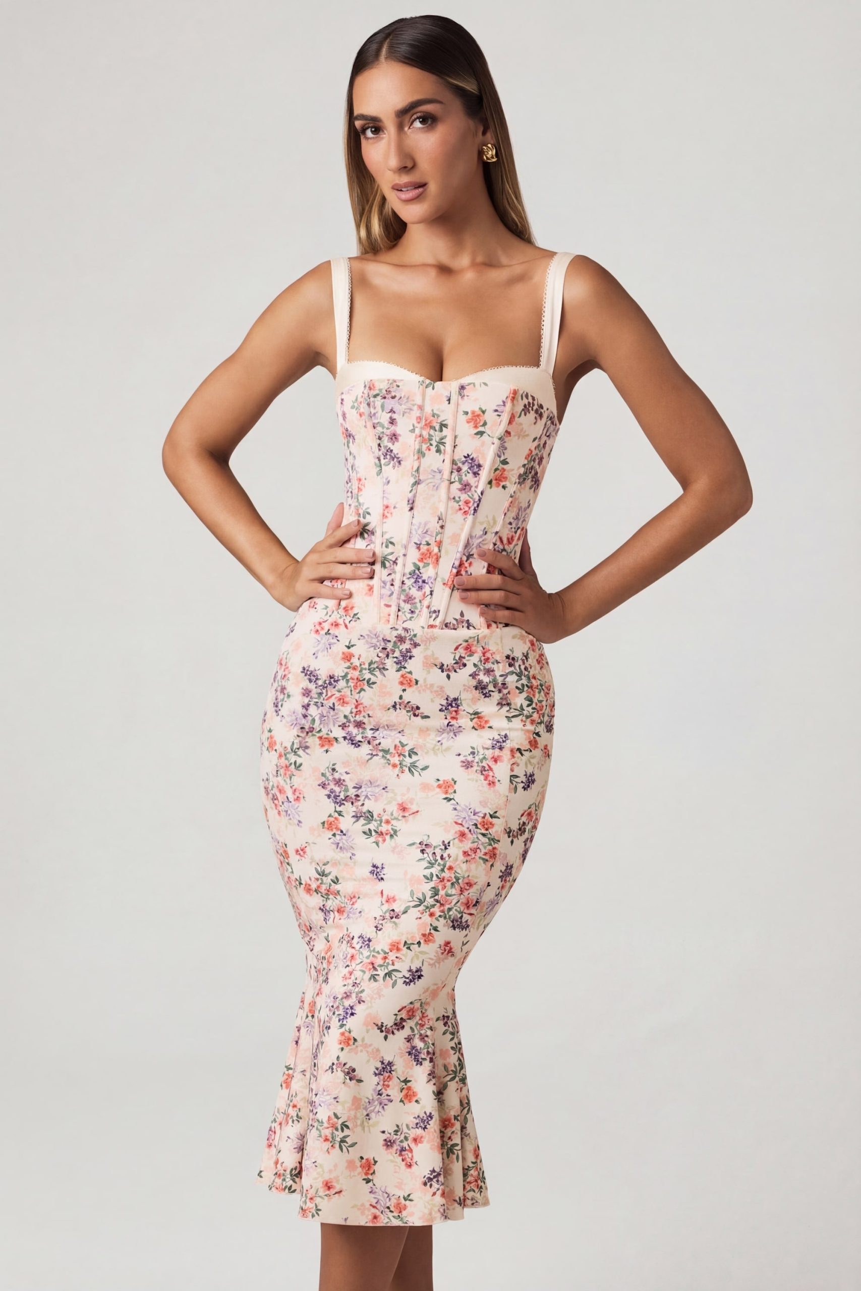 Layered Bra-Detail Fishtail Midaxi Dress in Primrose Floral Print - Image 8