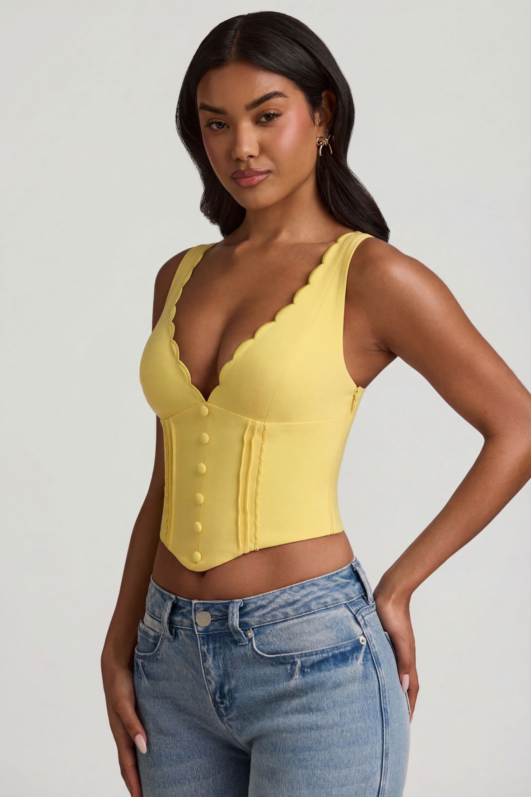 Plunge-Neck Scalloped Corset Top in Pastel Yellow - Image 10