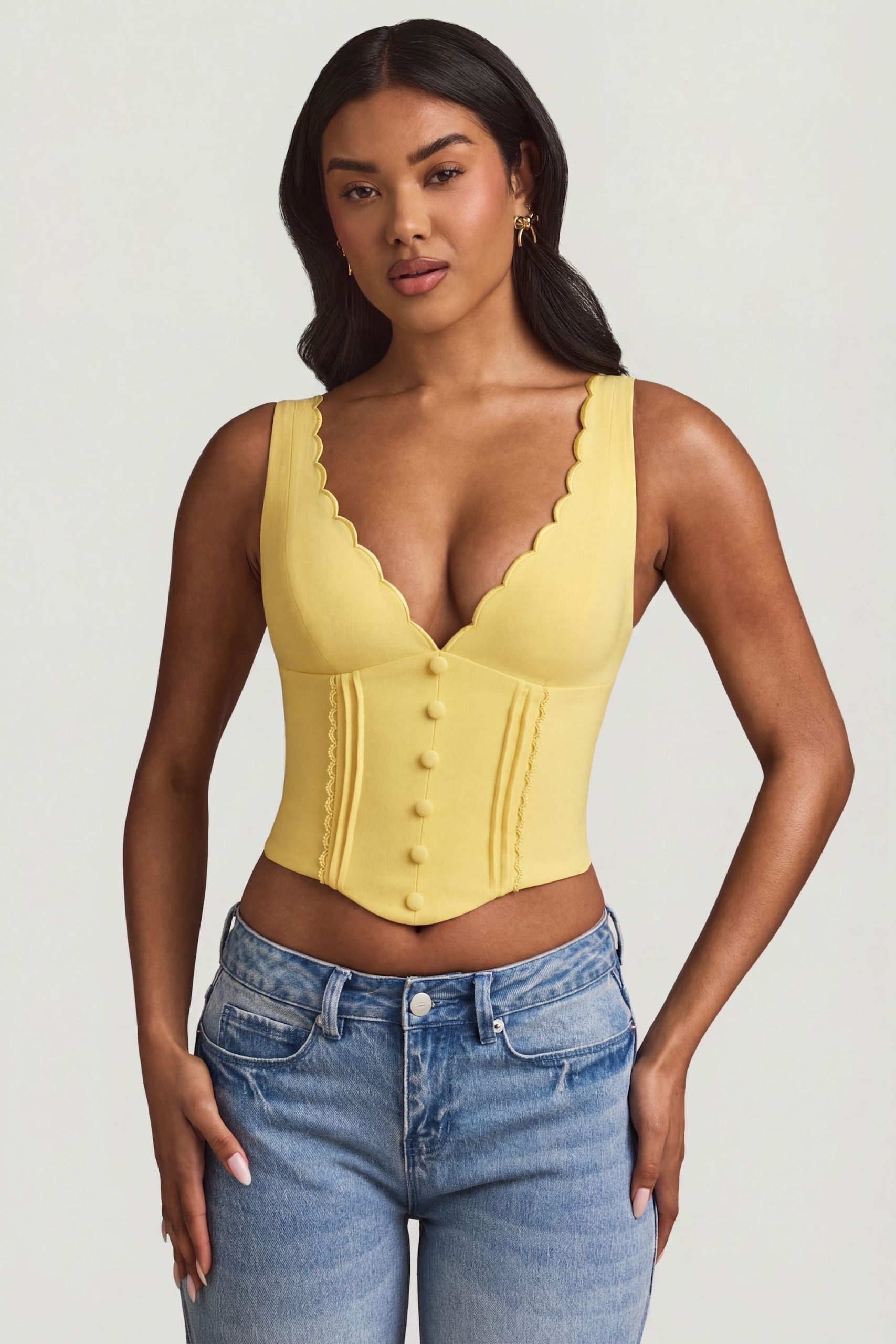 Plunge-Neck Scalloped Corset Top in Pastel Yellow - Image 5