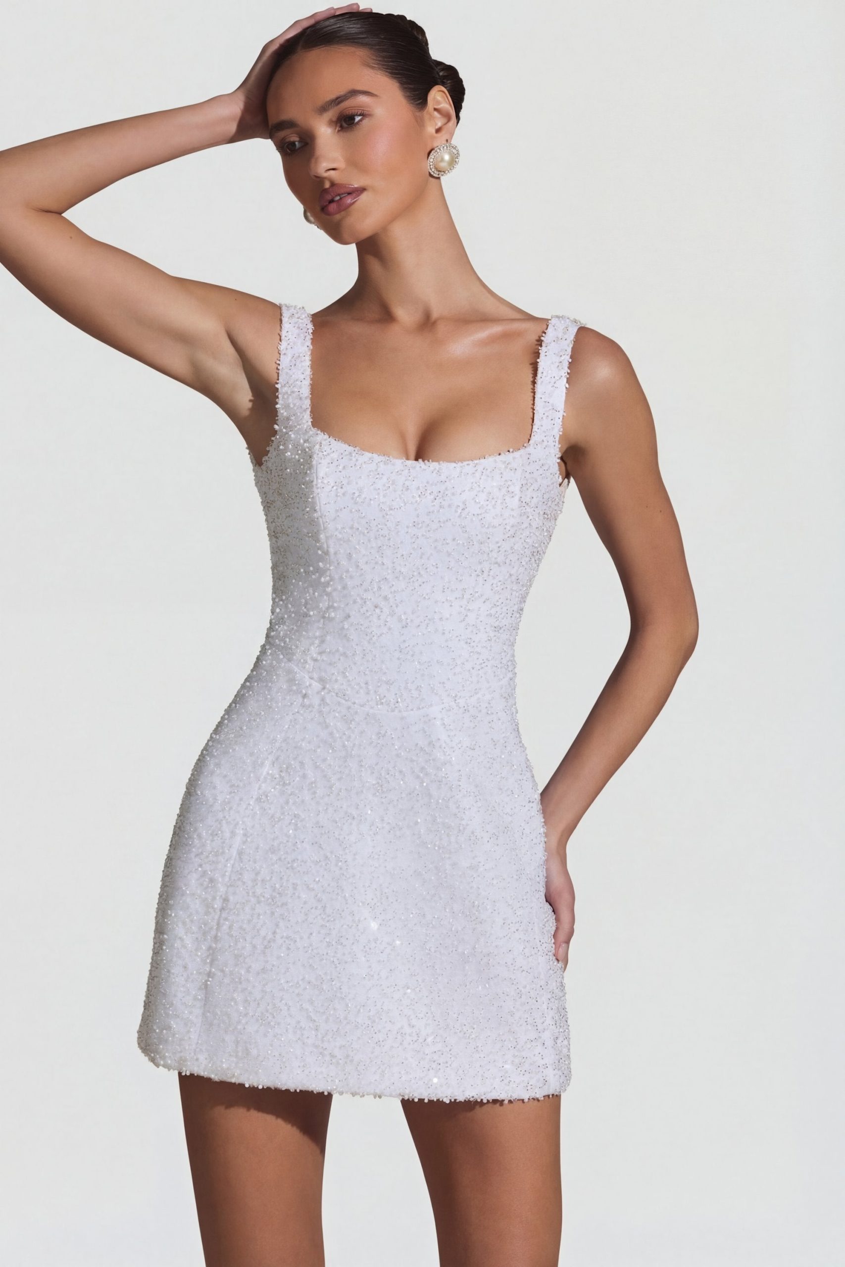 Embellished Structured A-Line Mini Dress in White - Image 6