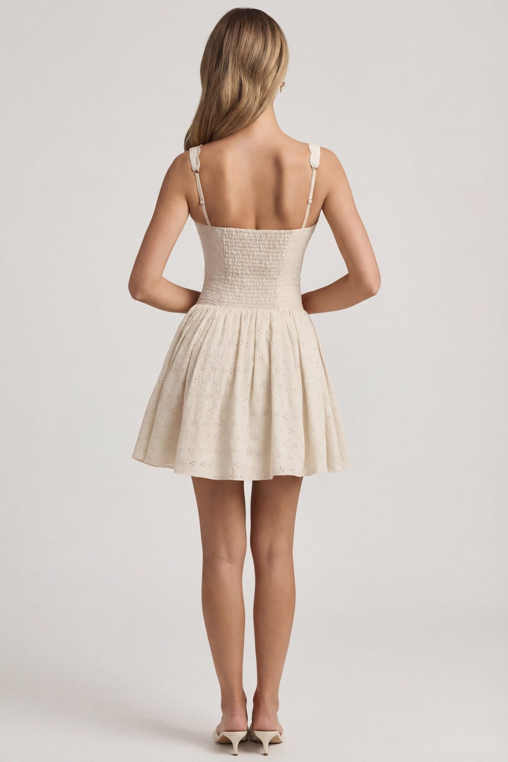 Broderie Anglaise Bow-Detail A-Line Mini Dress in Ivory - Image 3