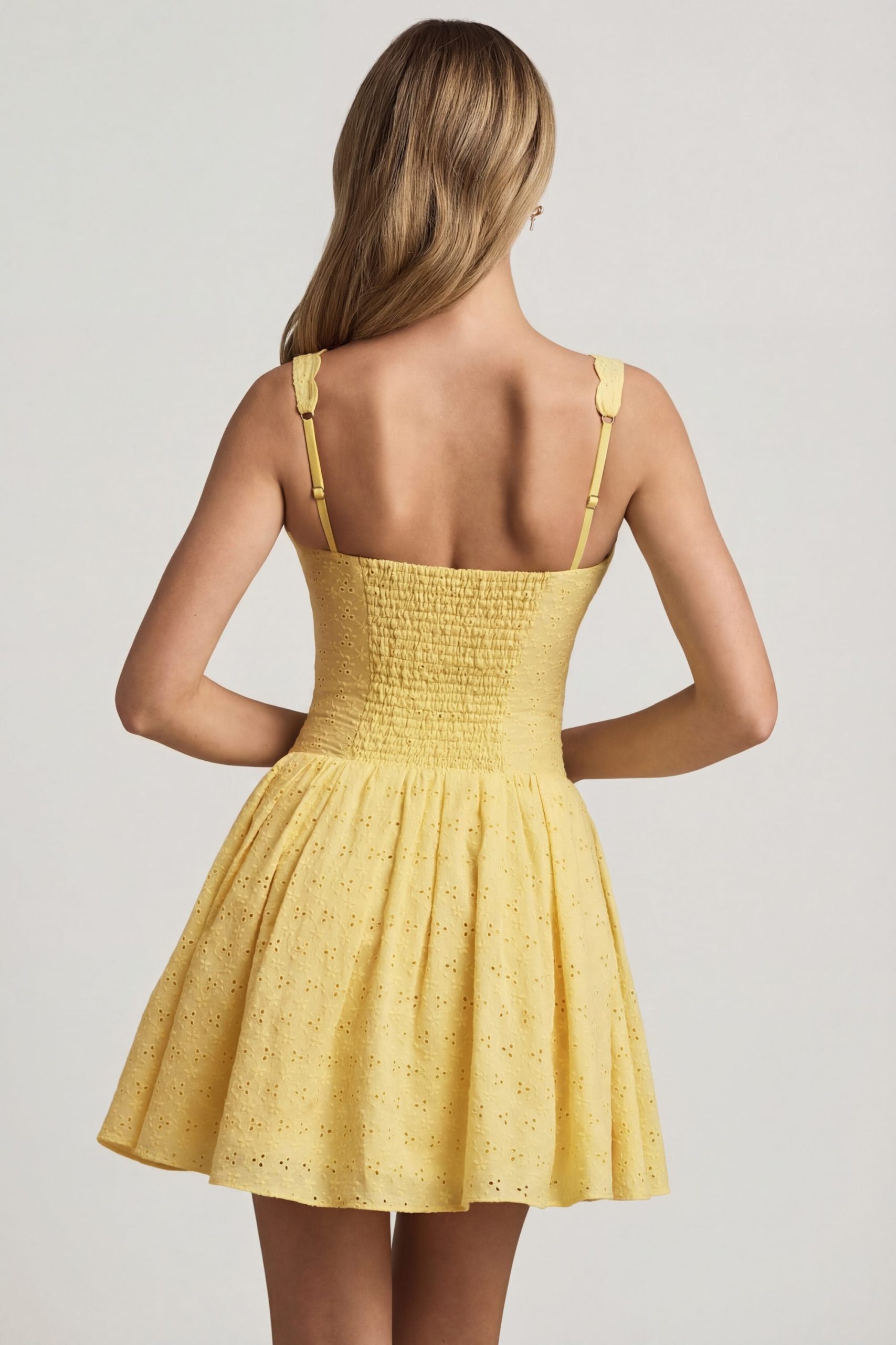 Broderie Anglaise Bow-Detail A-Line Mini Dress in Pastel Yellow - Image 3
