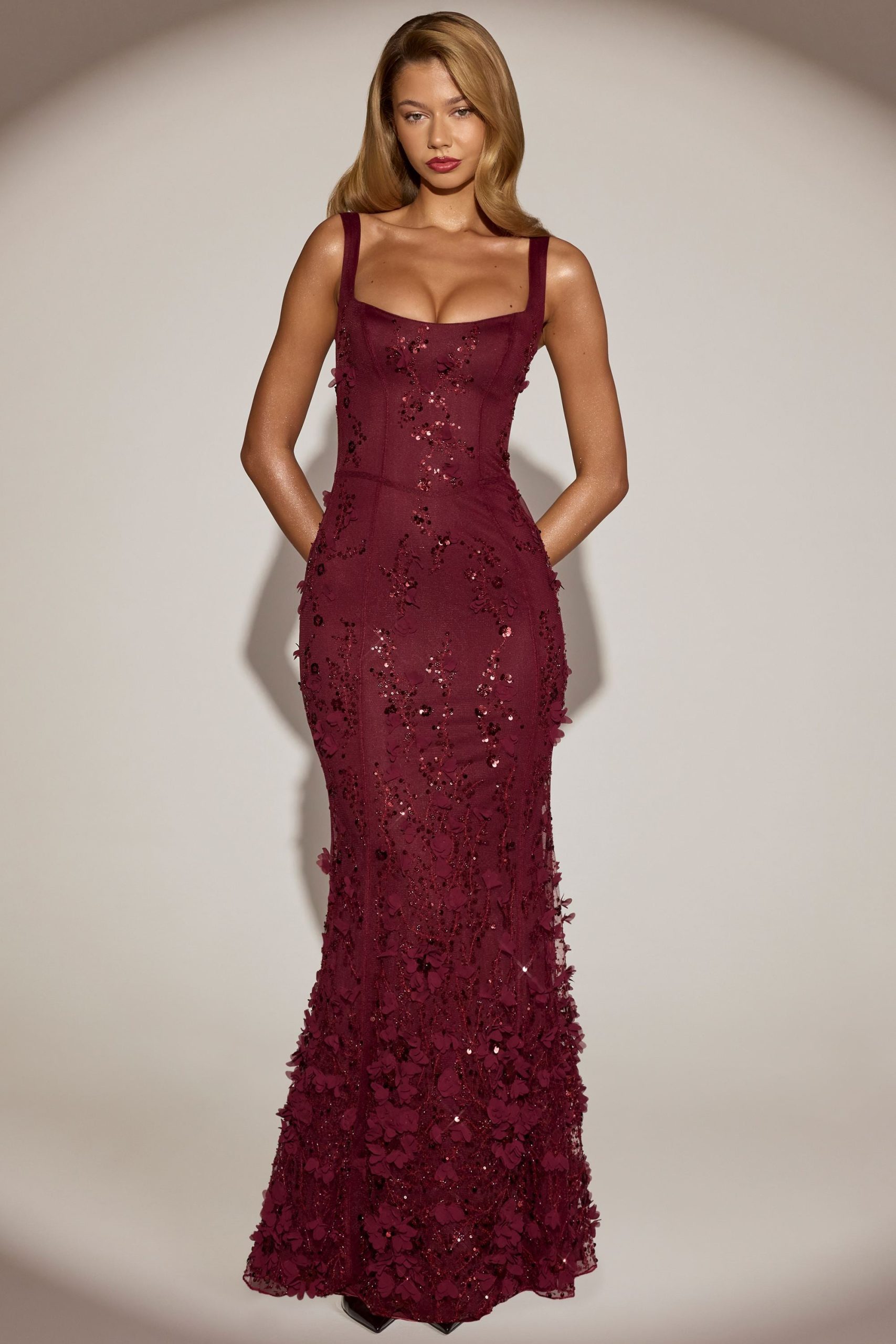 Embellished Appliqu?? Soft-Scoop Corset Gown in Wine Red