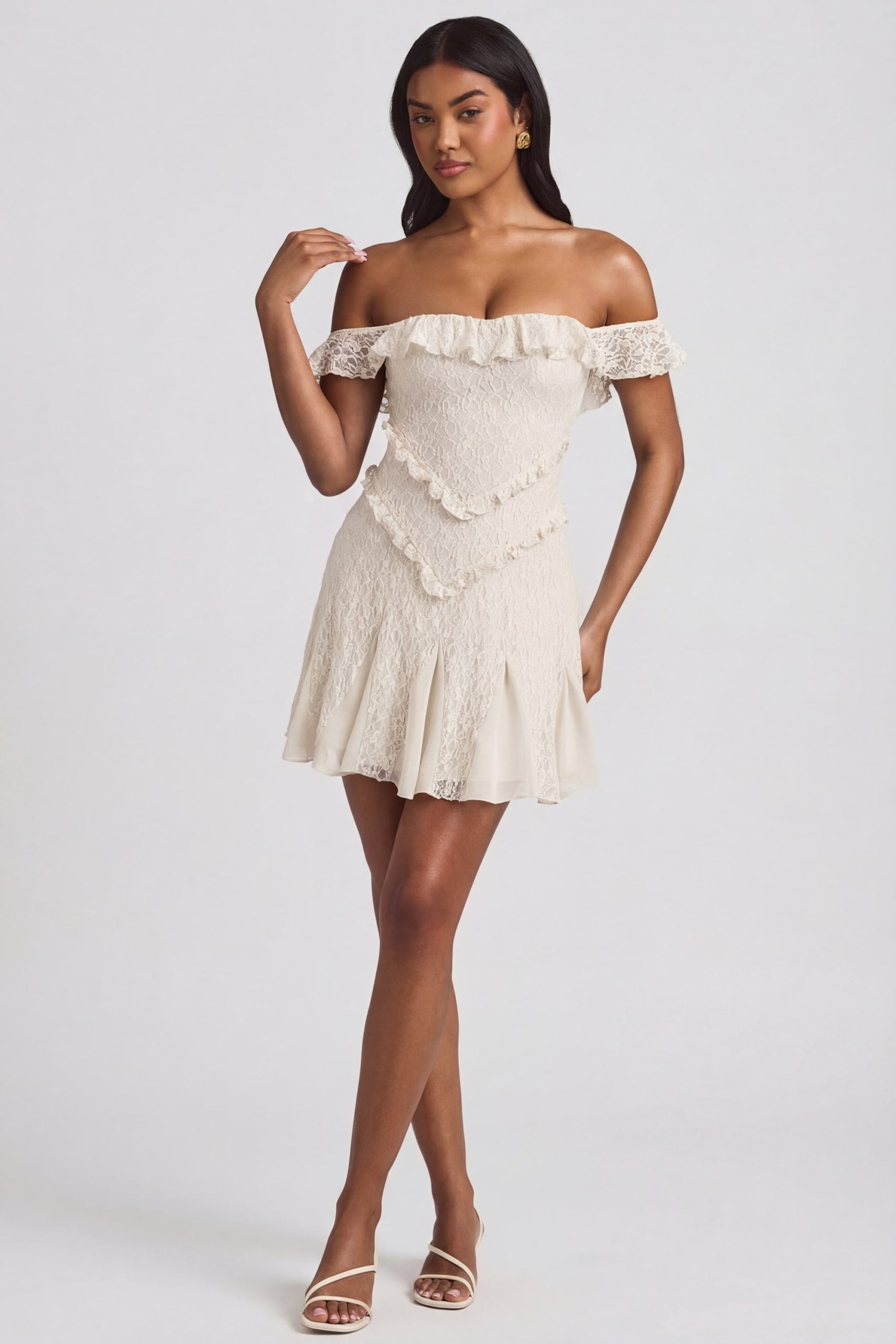 Off-Shoulder Lace A-Line Mini Dress in Ivory - Image 5