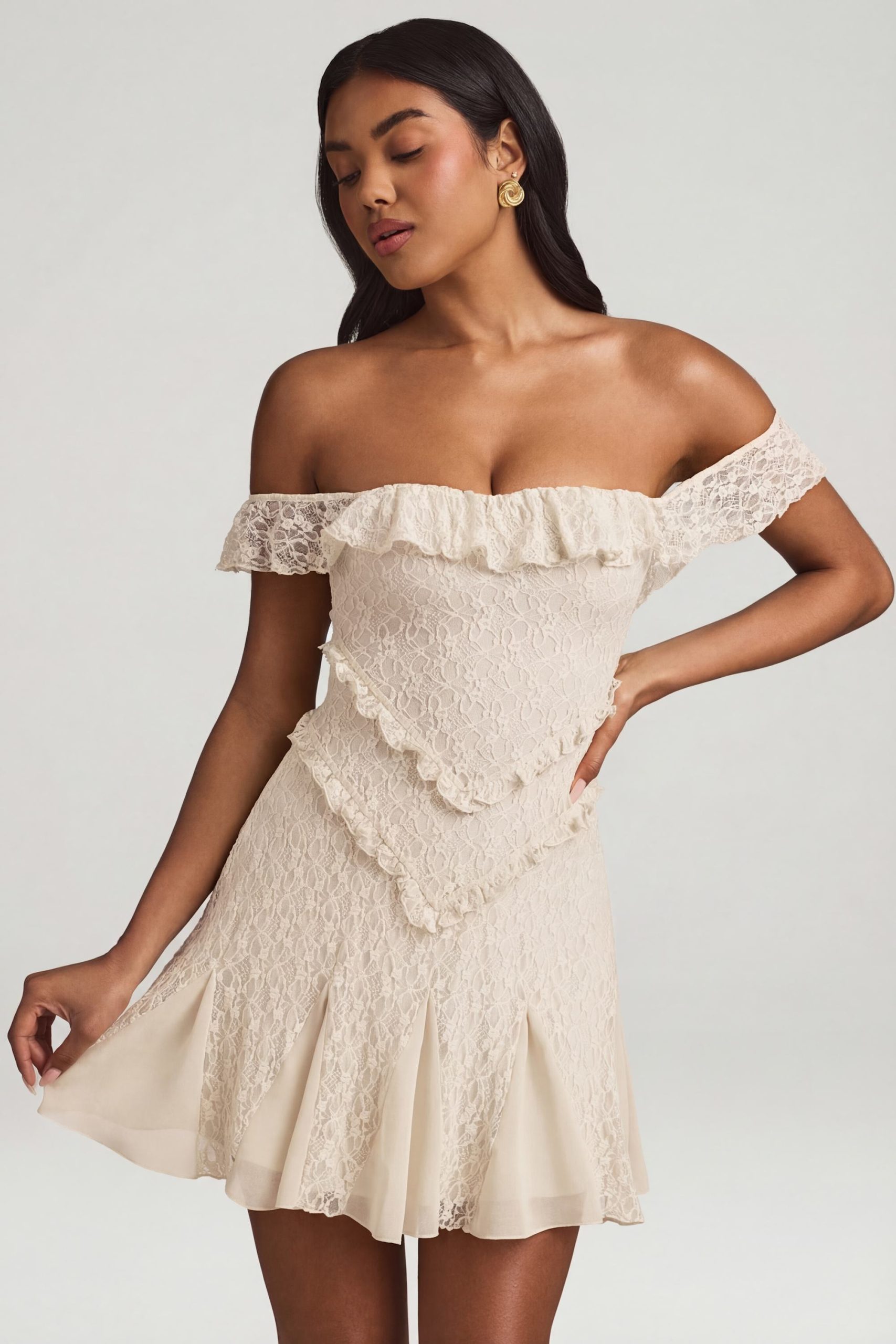 Off-Shoulder Lace A-Line Mini Dress in Ivory - Image 6