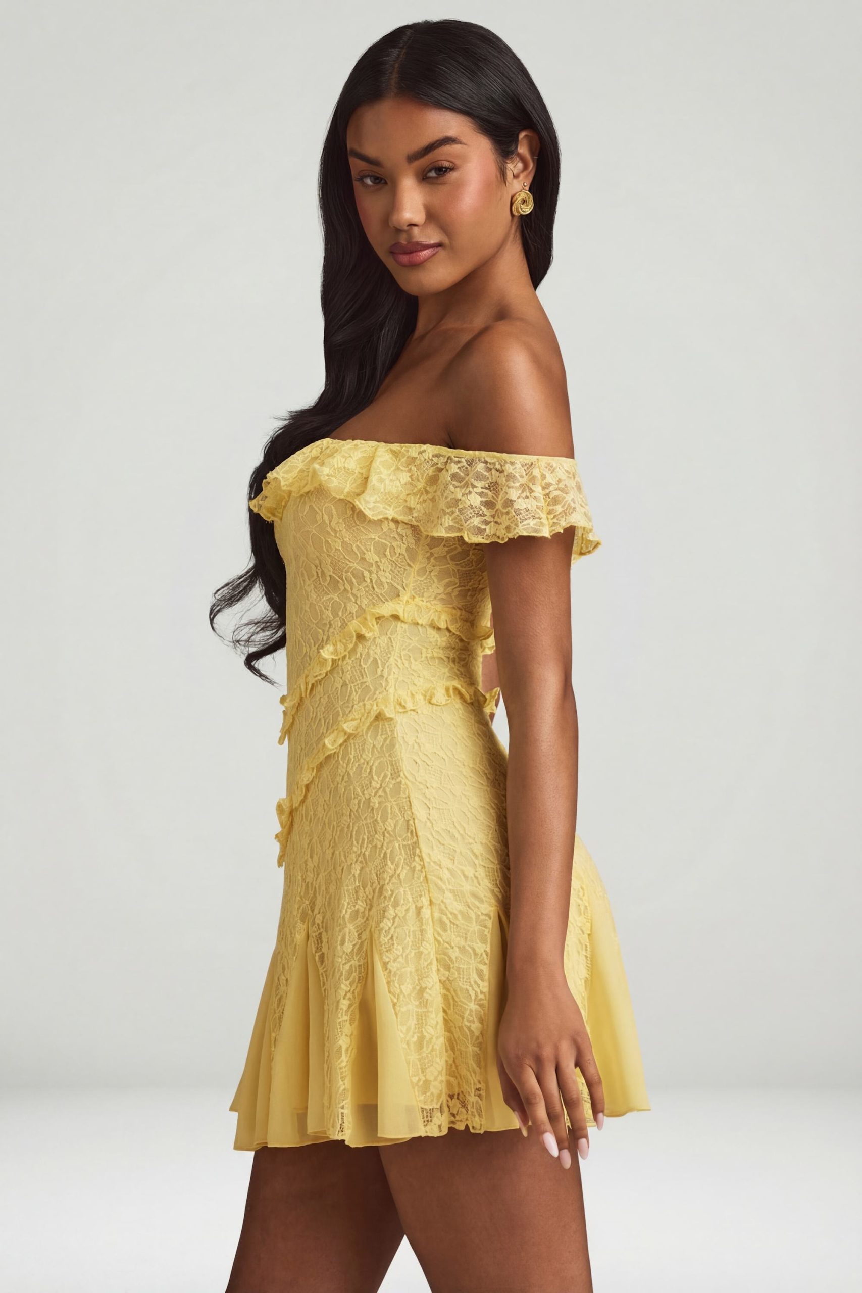 Off-Shoulder Lace A-Line Mini Dress in Pastel Yellow - Image 3