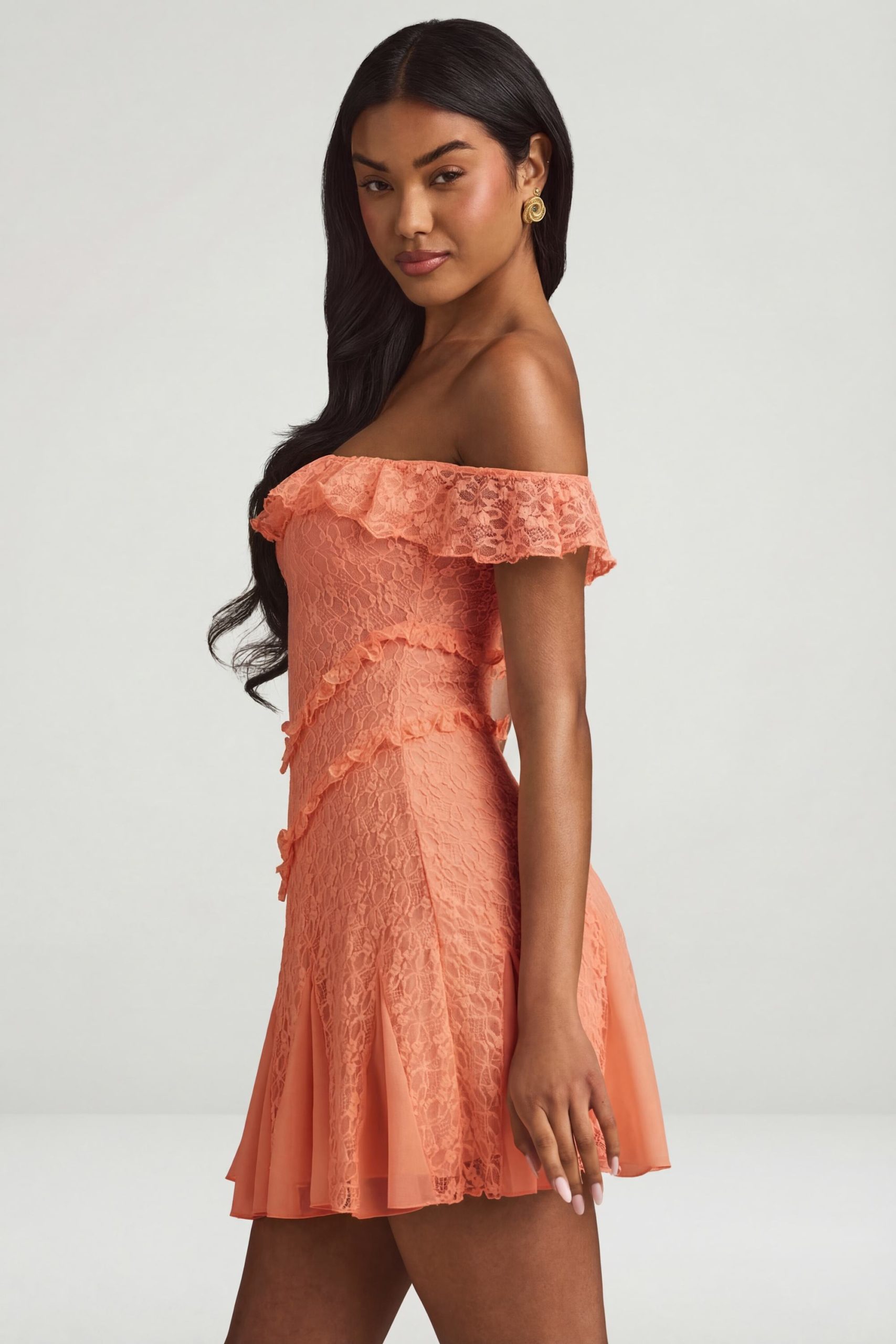 Off-Shoulder Lace A-Line Mini Dress in Peach - Image 3