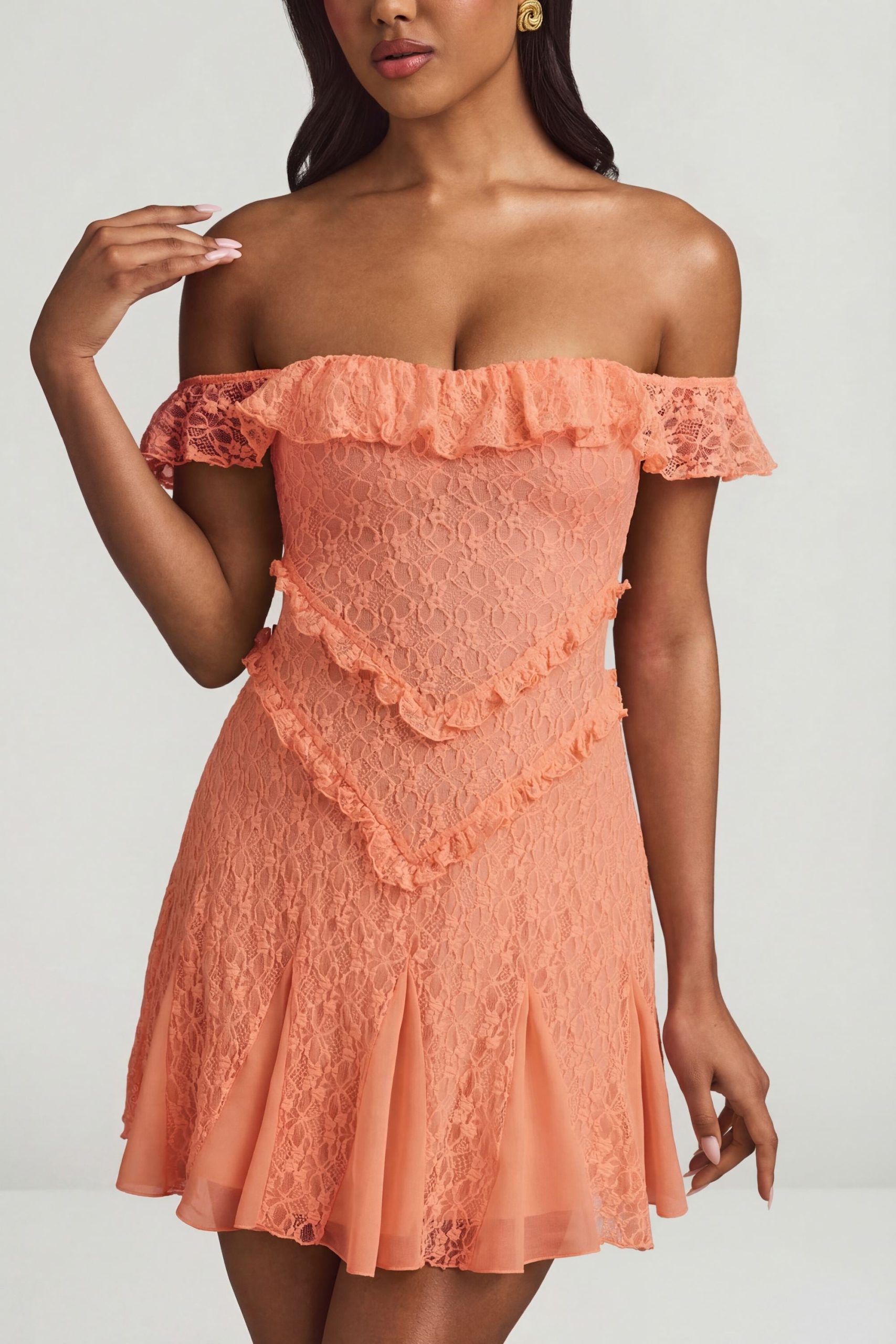 Off-Shoulder Lace A-Line Mini Dress in Peach - Image 4