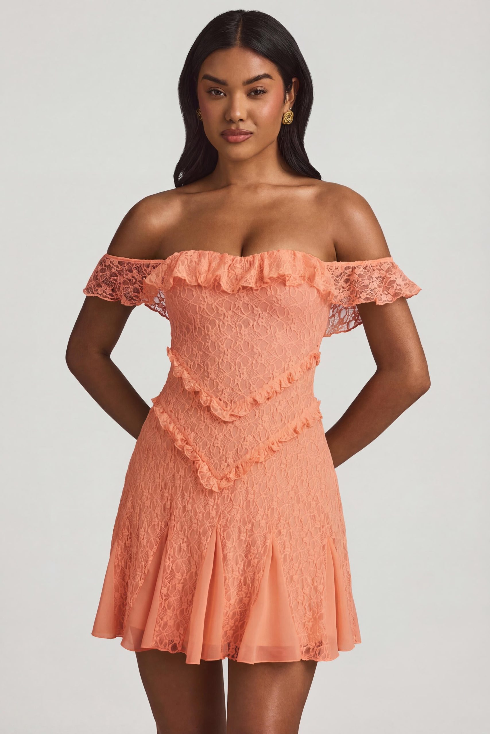 Off-Shoulder Lace A-Line Mini Dress in Peach - Image 6