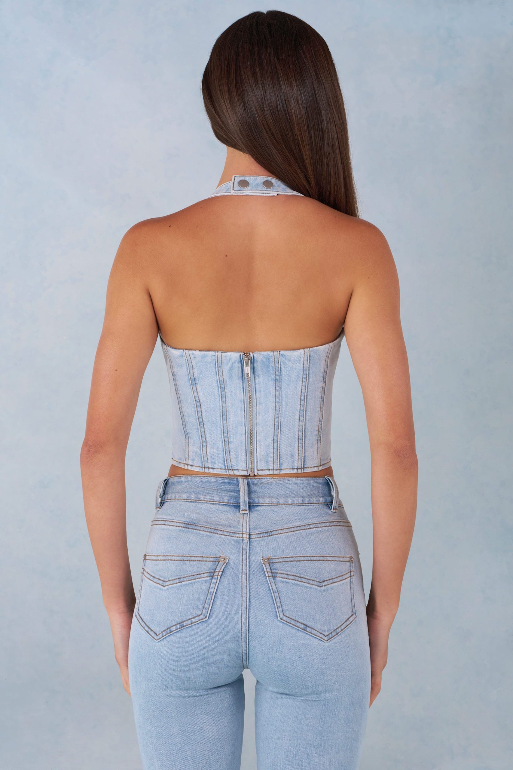 Halterneck Denim Corset Style Top in Light Denim - Image 6