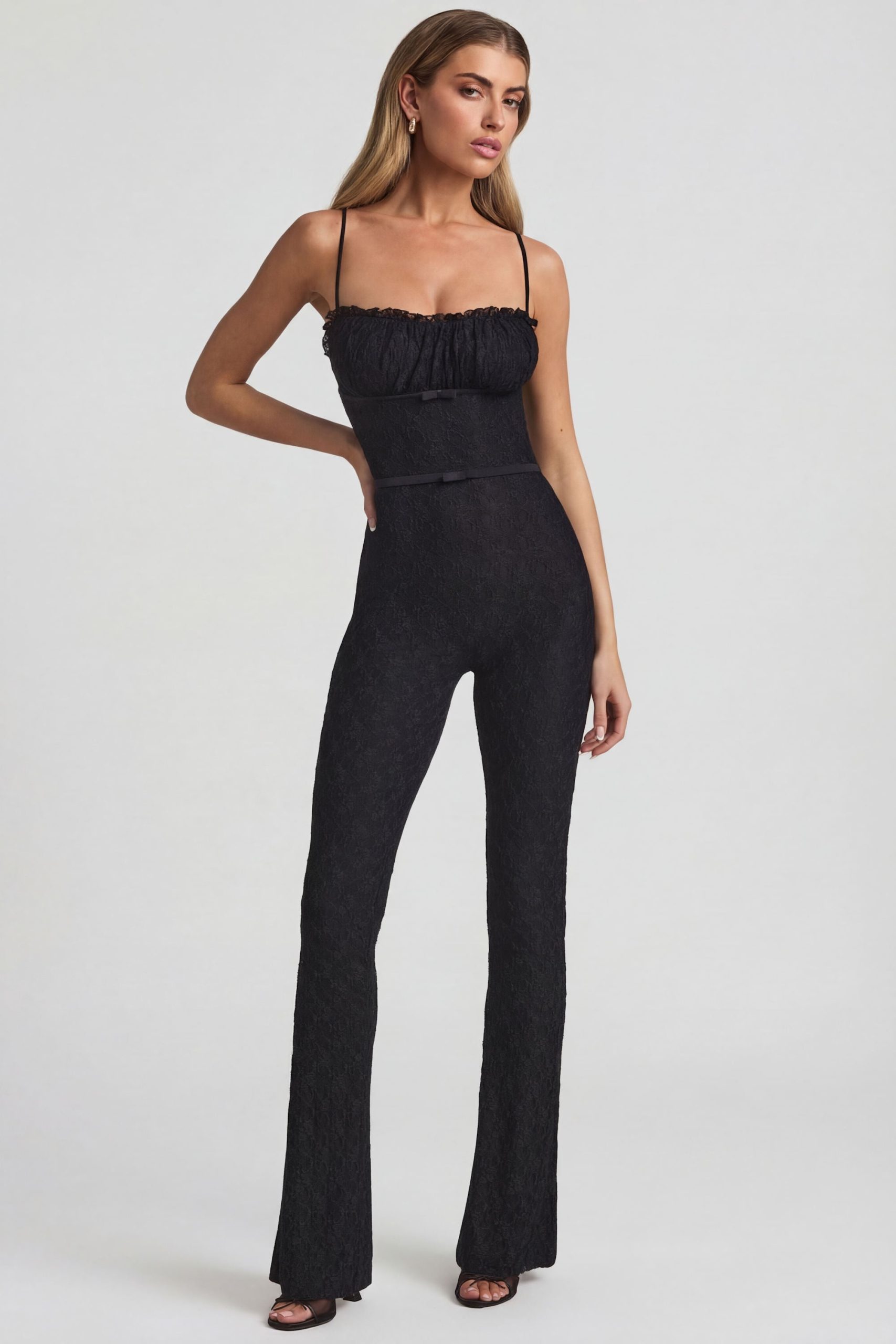 Bow-Detail Lace Flared Jumpsuit in Black - Image 6