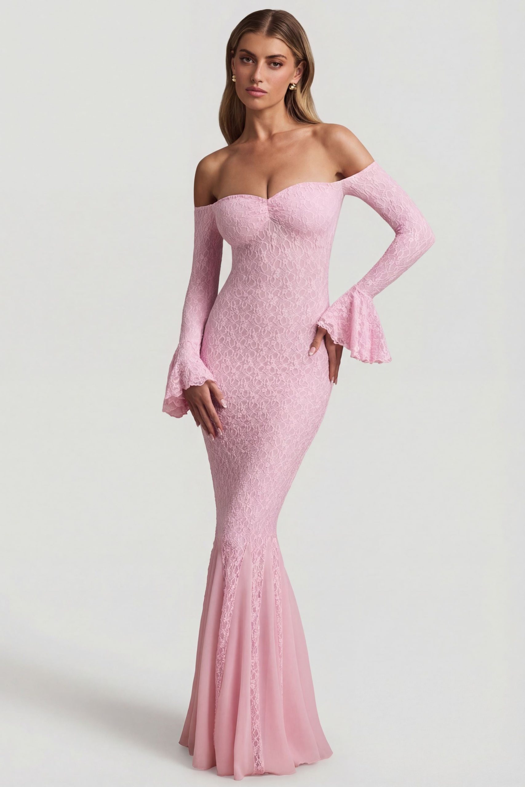 Off-Shoulder Ruffle Lace Maxi Dress in Soft Pink - Image 5