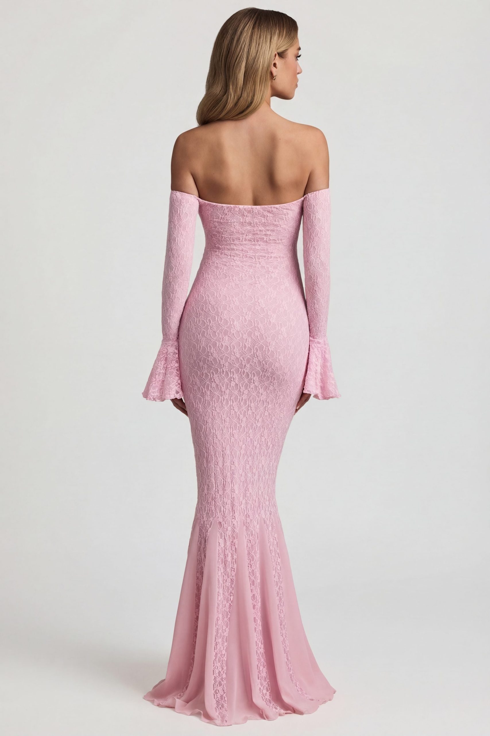 Off-Shoulder Ruffle Lace Maxi Dress in Soft Pink - Image 2