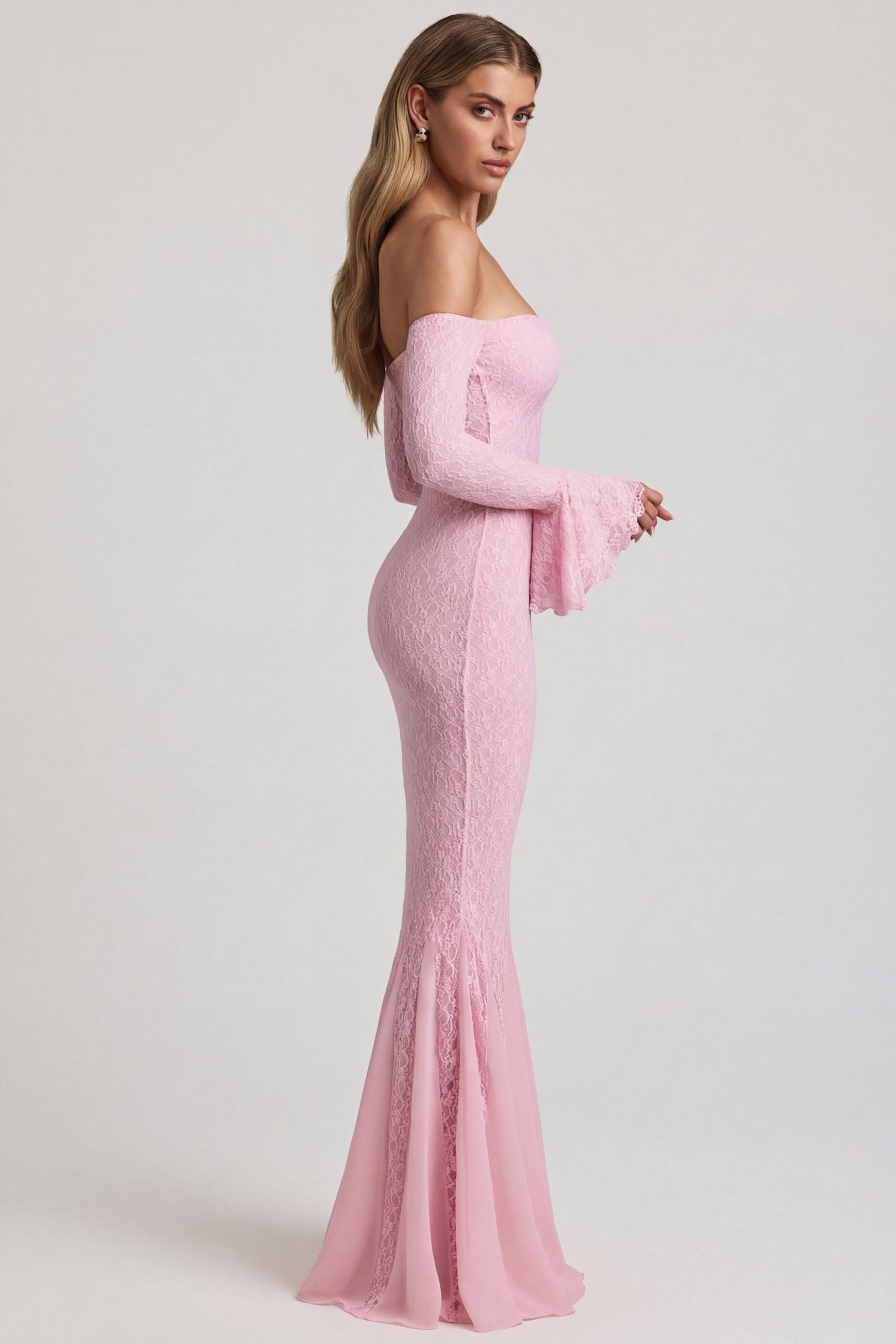 Off-Shoulder Ruffle Lace Maxi Dress in Soft Pink - Image 3