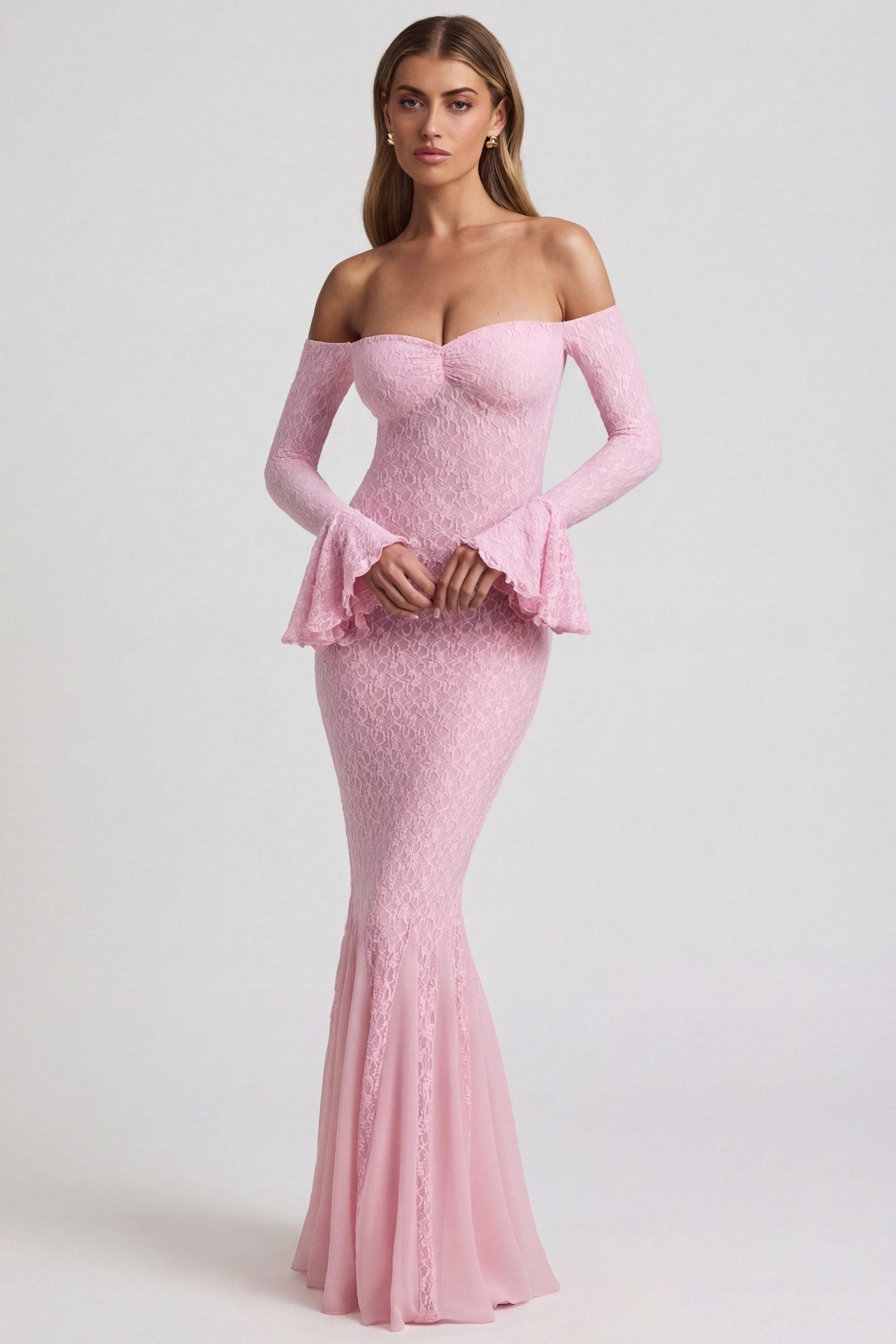 Off-Shoulder Ruffle Lace Maxi Dress in Soft Pink - Image 6