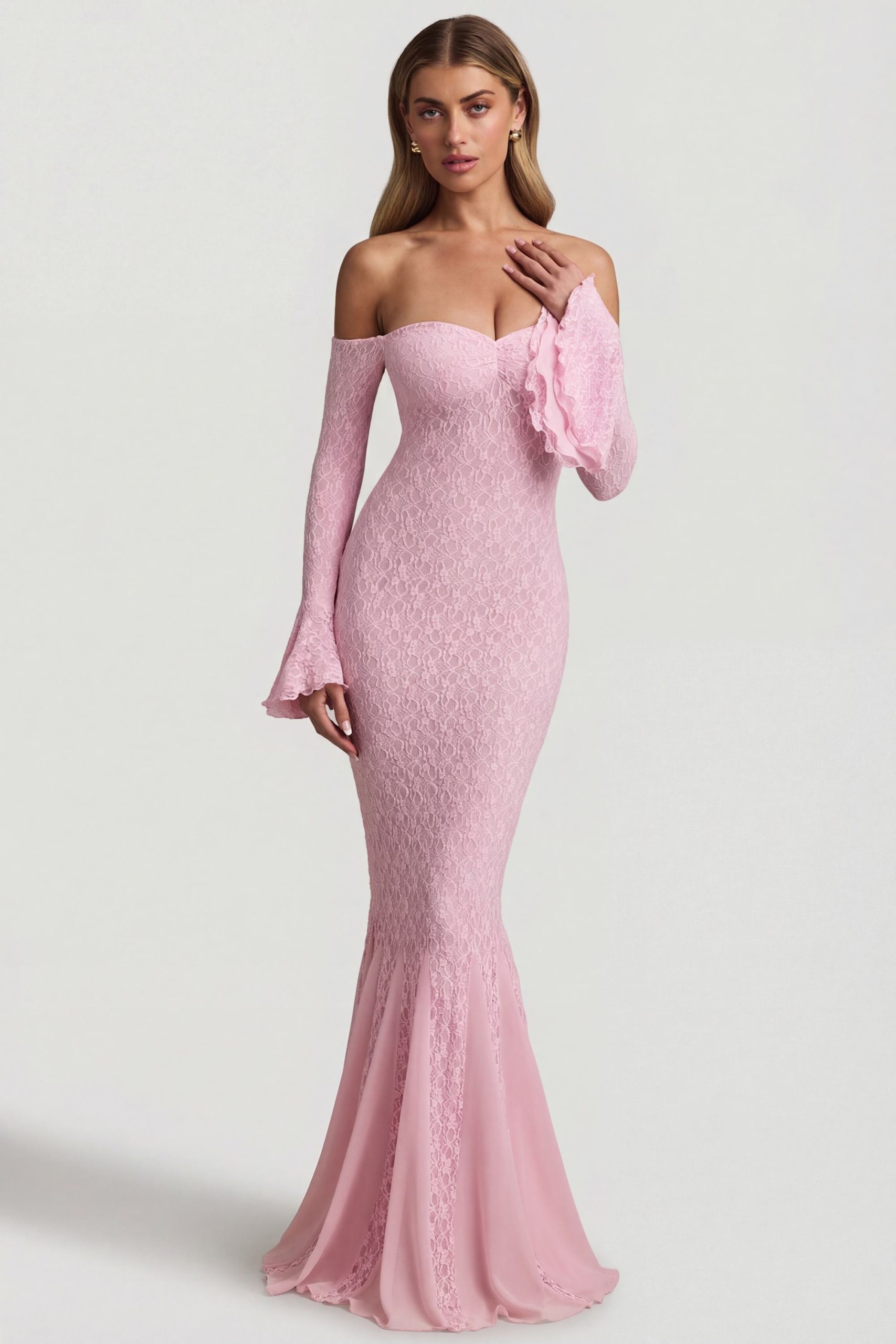 Off-Shoulder Ruffle Lace Maxi Dress in Soft Pink - Image 8