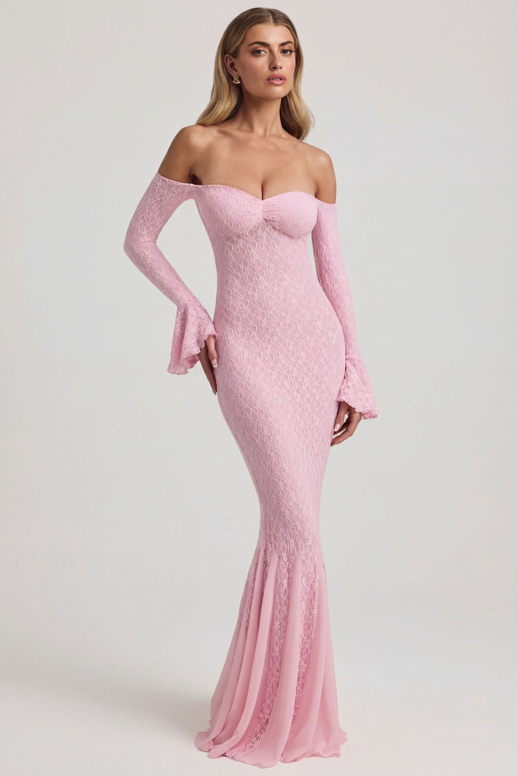 Off-Shoulder Ruffle Lace Maxi Dress in Soft Pink - Image 7