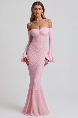 Off-Shoulder Ruffle Lace Maxi Dress in Soft Pink