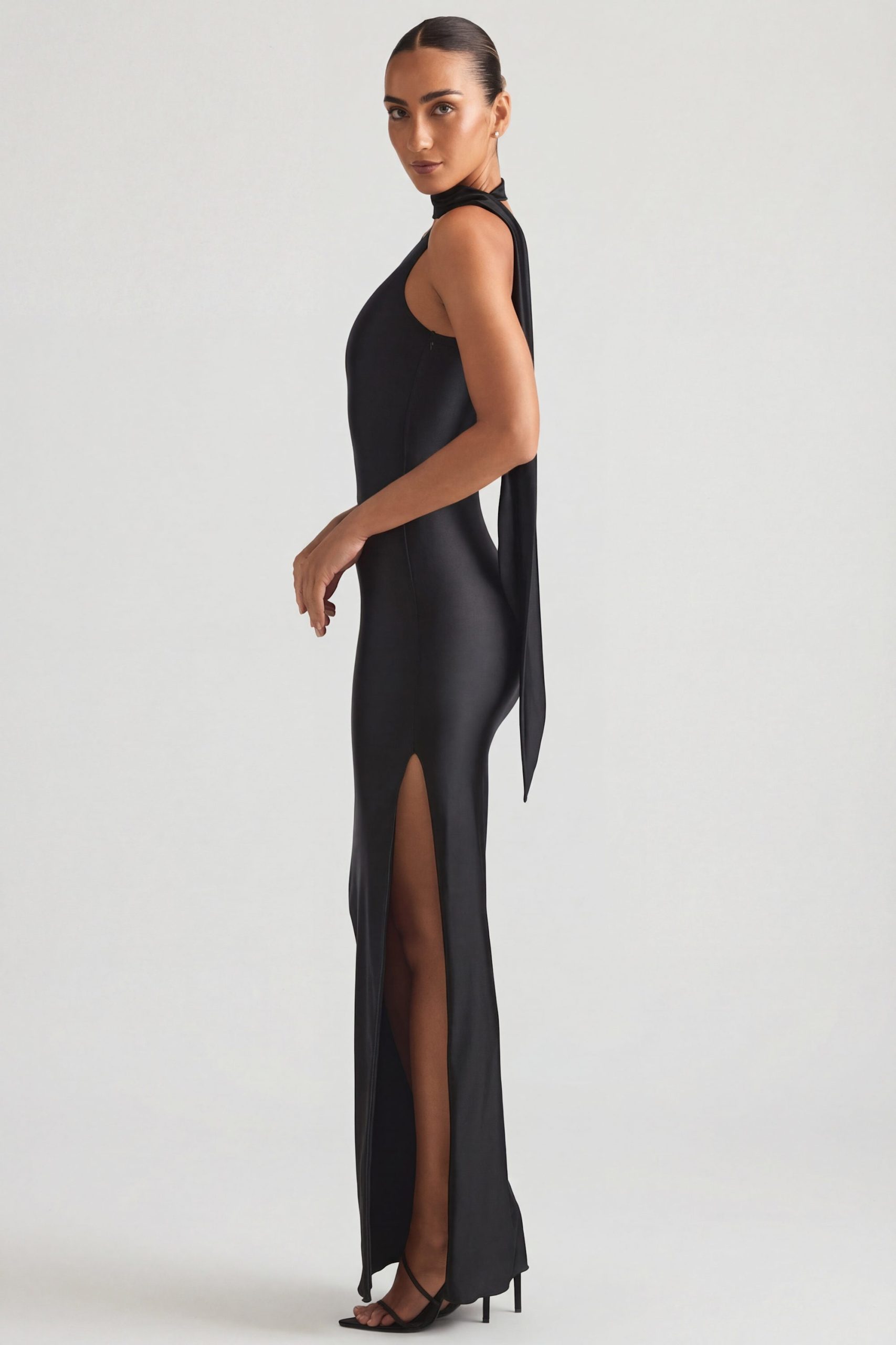 Asymmetric Scarf-Detail Maxi Dress in Black - Image 5