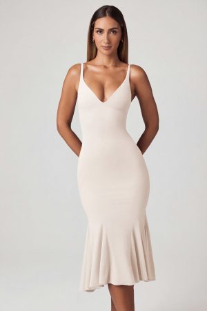 V-Neck Godet  Midaxi Dress in Ivory