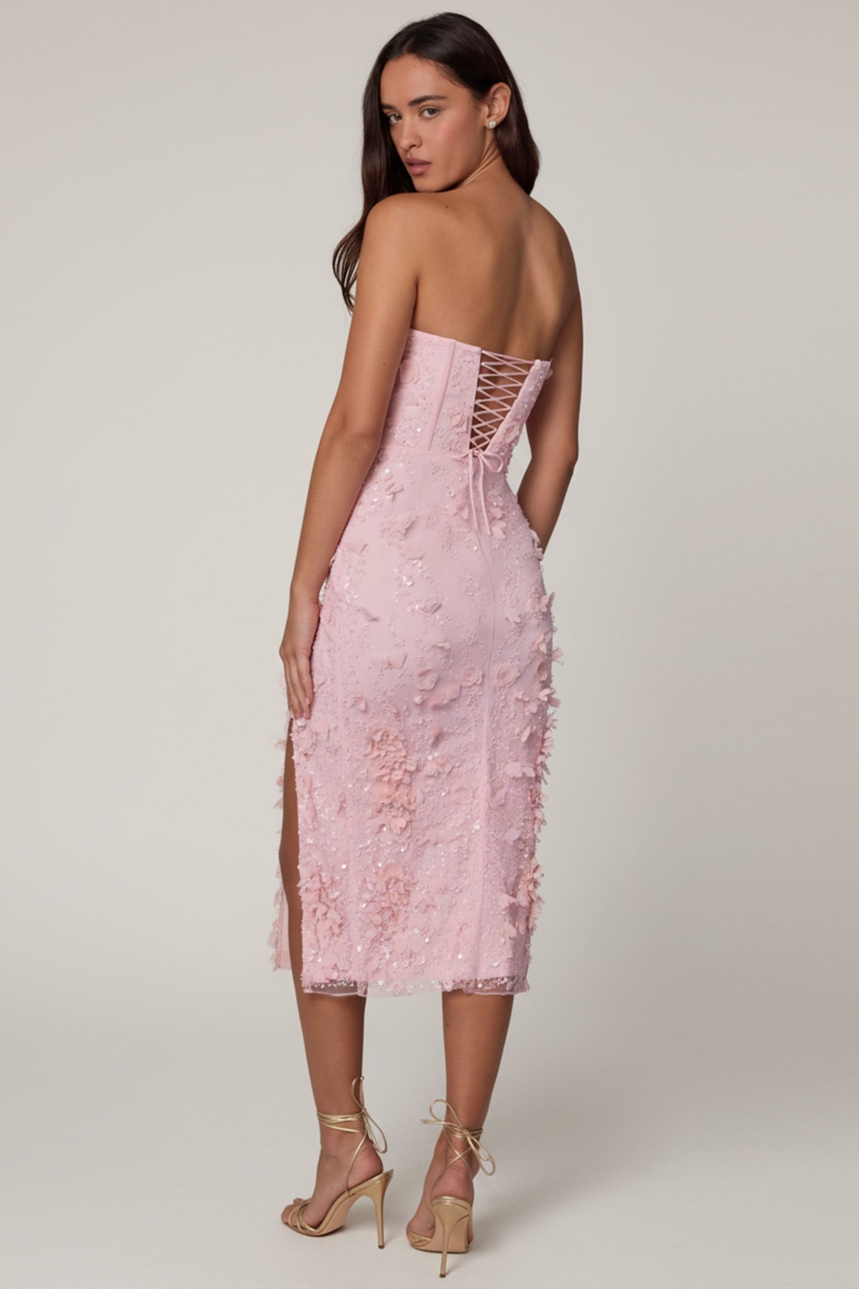 Lace-Up Corset Midaxi Dress with Split in Soft Pink - Image 2