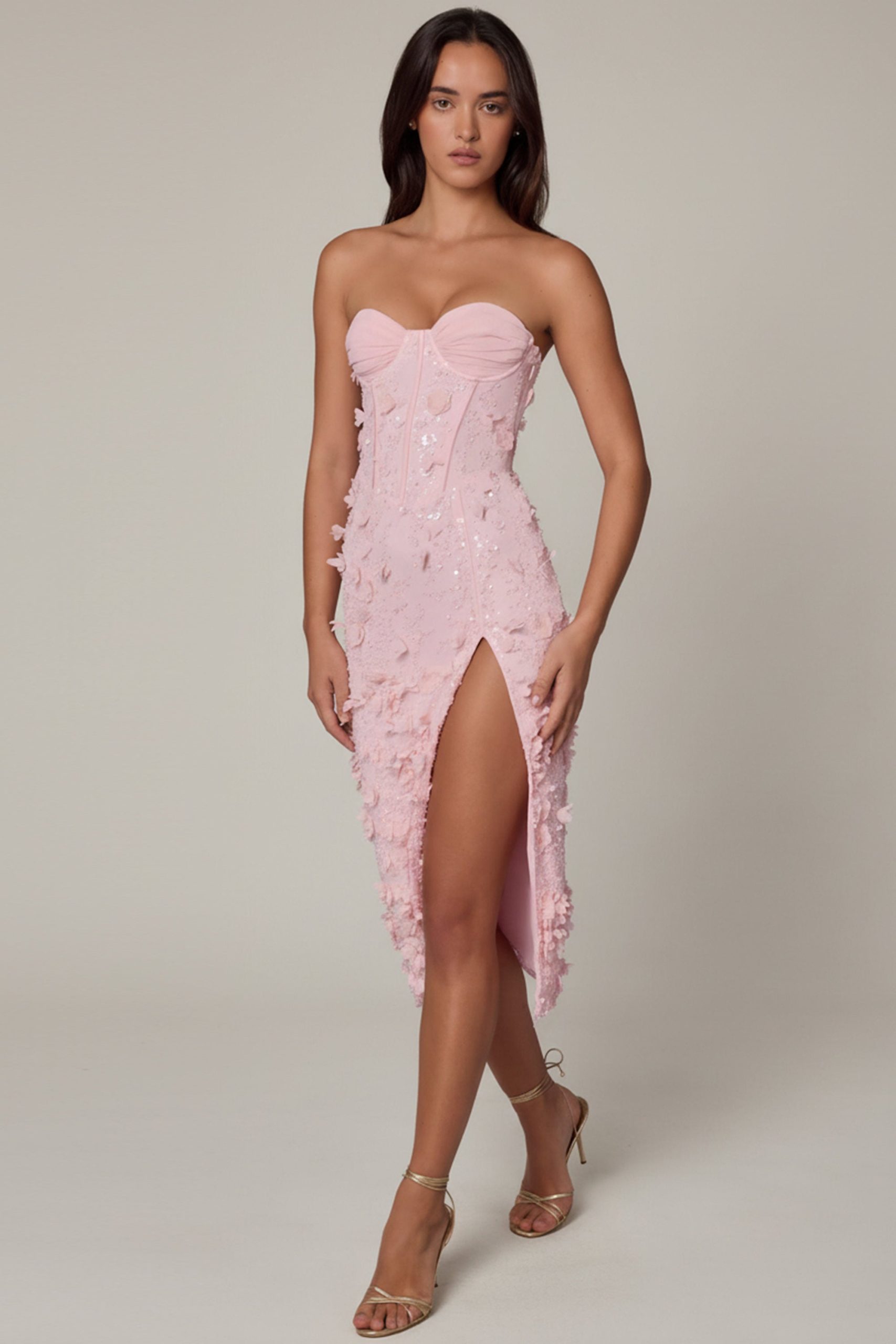 Lace-Up Corset Midaxi Dress with Split in Soft Pink - Image 6