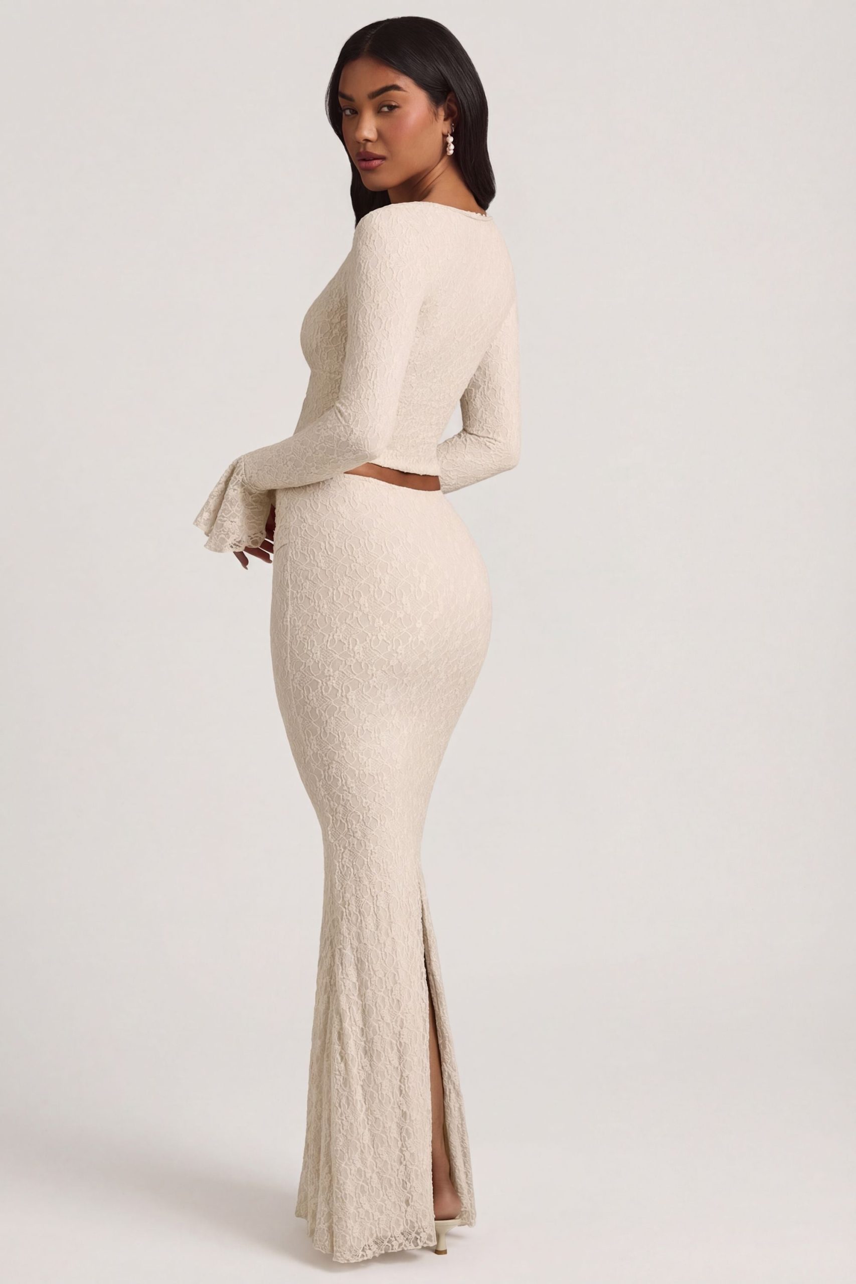 Draped Low-Rise Lace Maxi Skirt in Ivory - Image 2