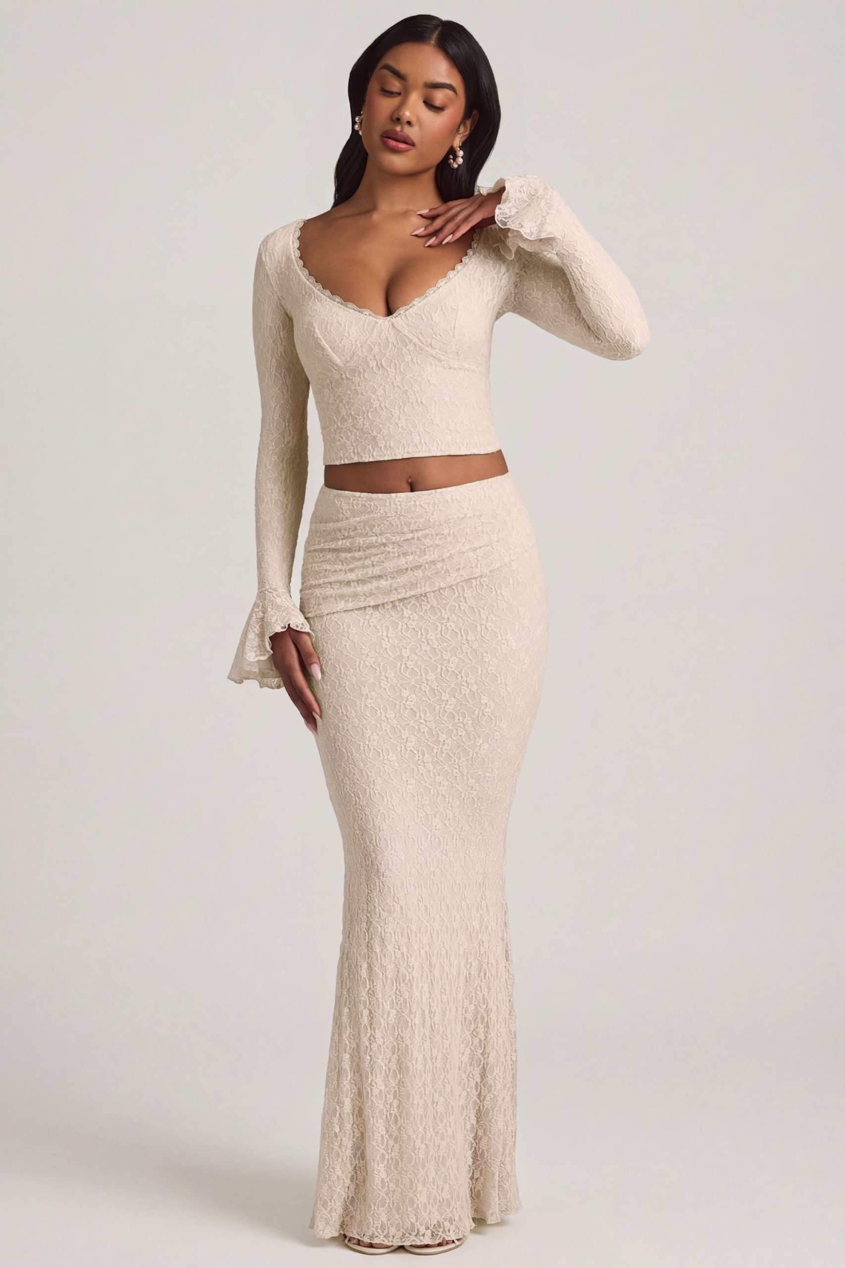 Draped Low-Rise Lace Maxi Skirt in Ivory - Image 6