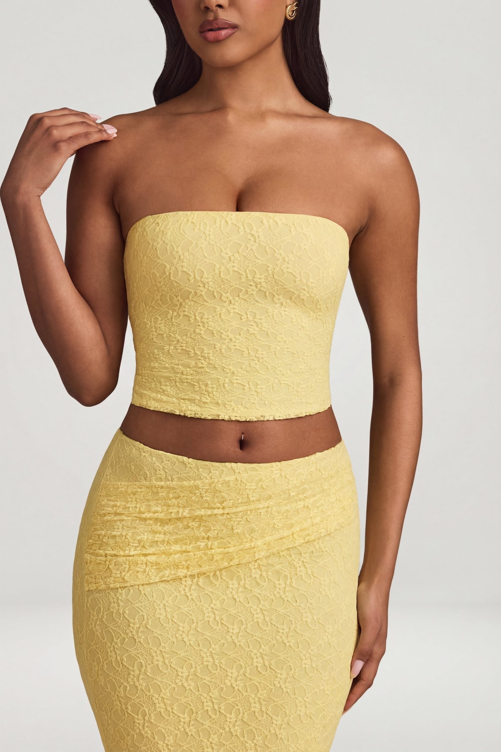 Ruched Strapless Lace Top in Pastel Yellow - Image 4