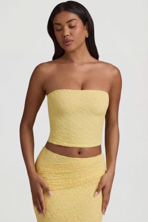 Ruched Strapless Lace Top in Pastel Yellow