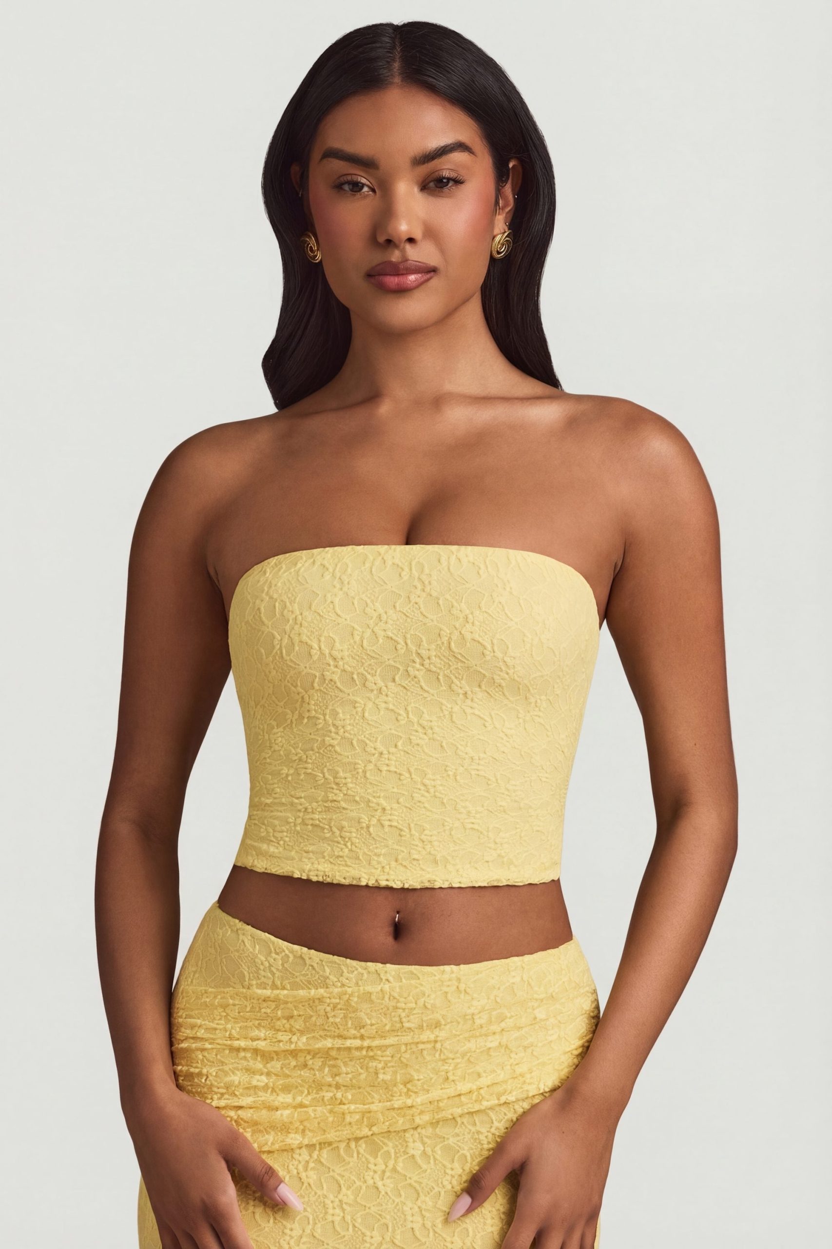 Ruched Strapless Lace Top in Pastel Yellow - Image 7