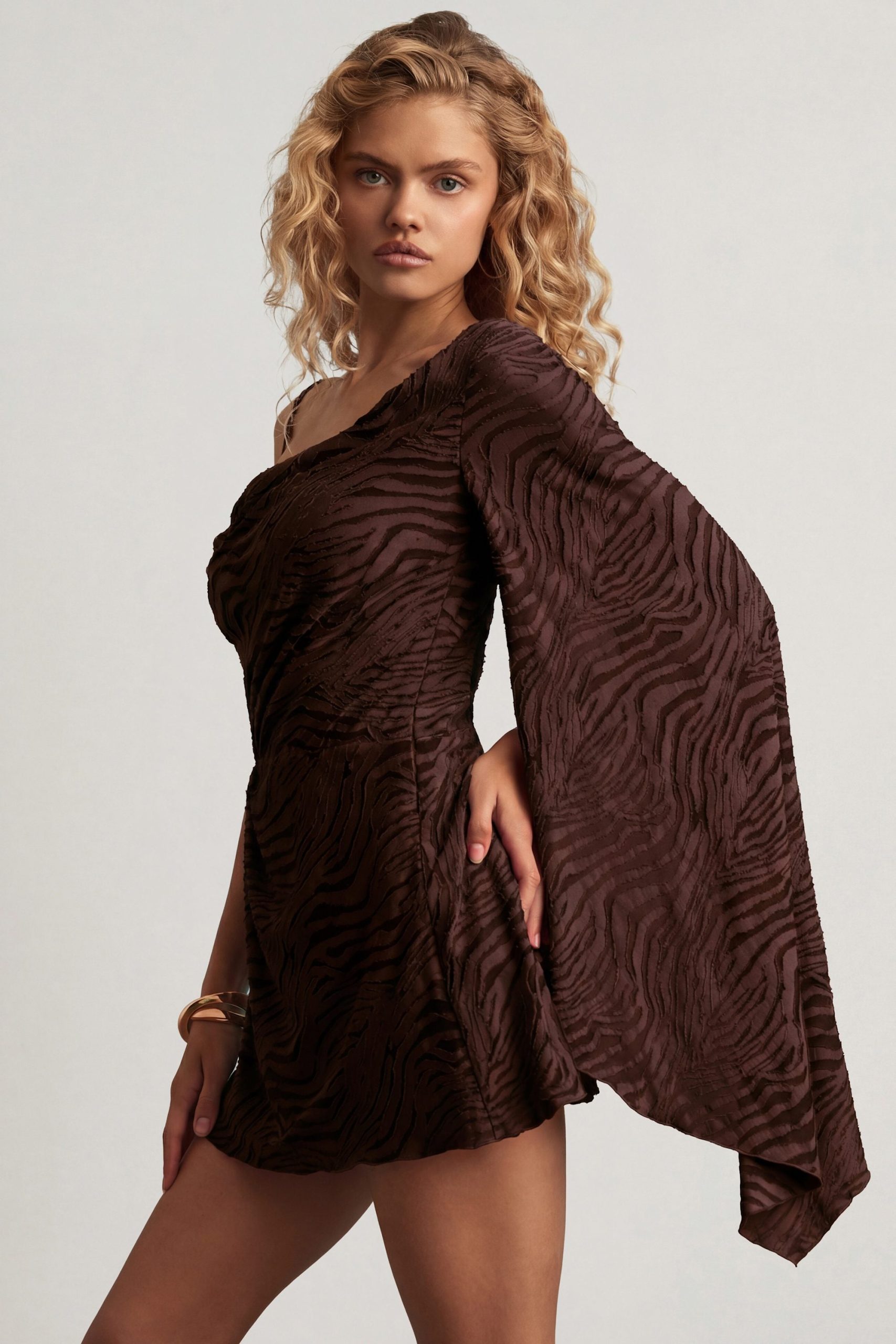 Devor?? One-Sleeve A-Line Mini Dress in Dark Chocolate - Image 8